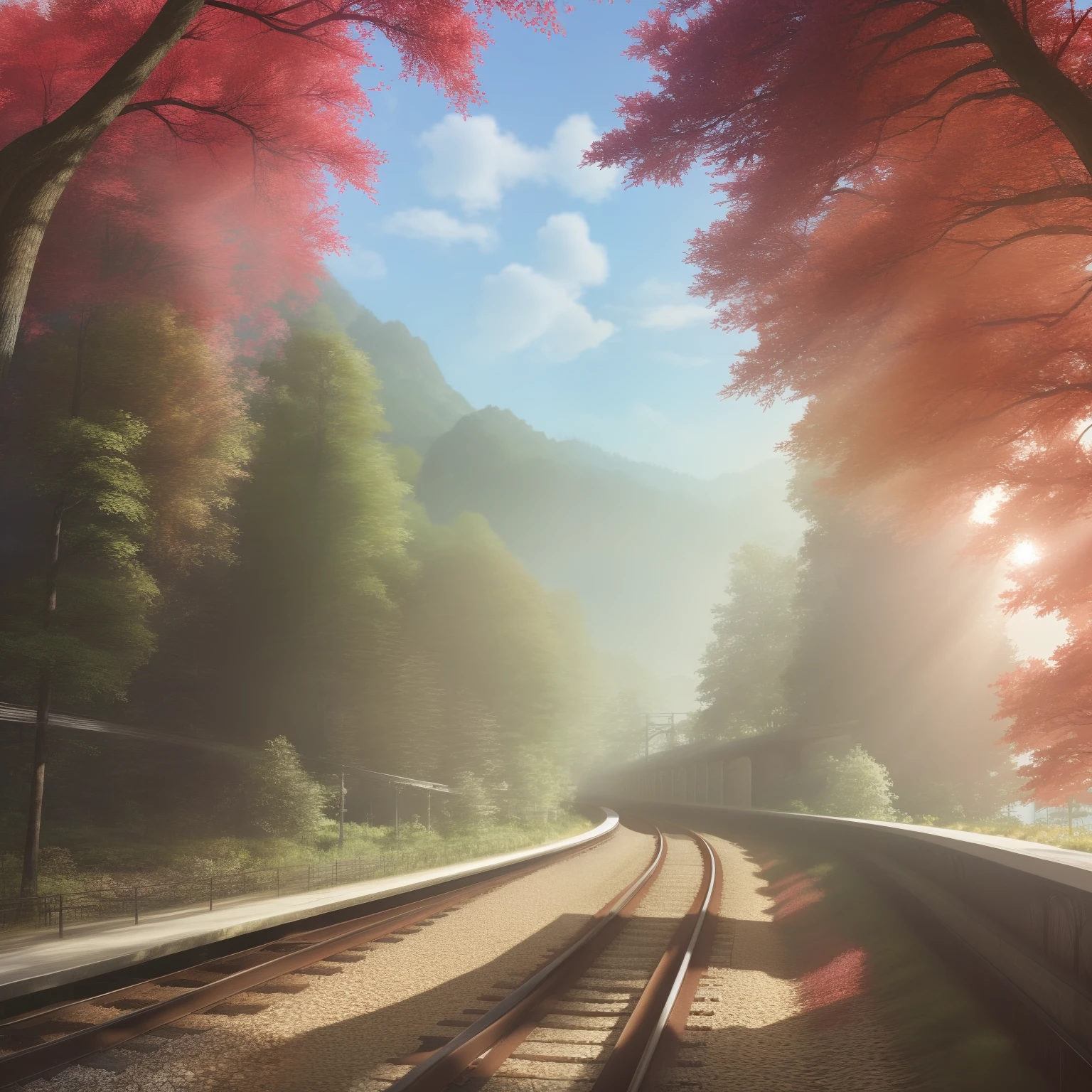 (best quality,4k,8k,highres,masterpiece:1.2),ultra-detailed,(realistic,photorealistic,photo-realistic:1.37),beautiful detailed eyes,cute detailed lips,girl with a slender figure and small breasts,anime-style,ponytail hairstyle,lovely,autumn scenery,end of autumn,maple leaves,train,small train station,Japanese-style railway,passenger train,fallen leaves on the ground,crimson foliage,peaceful atmosphere,rays of sunlight filtering through the trees,soft lighting,serene expression on the girl's face,beautifully illustrated,train tracks stretching into the distance,quiet and deserted platform,tranquil and nostalgic vibes,gentle breeze rustling through the trees,end of the day,calm before winter,serene and relaxing moment.