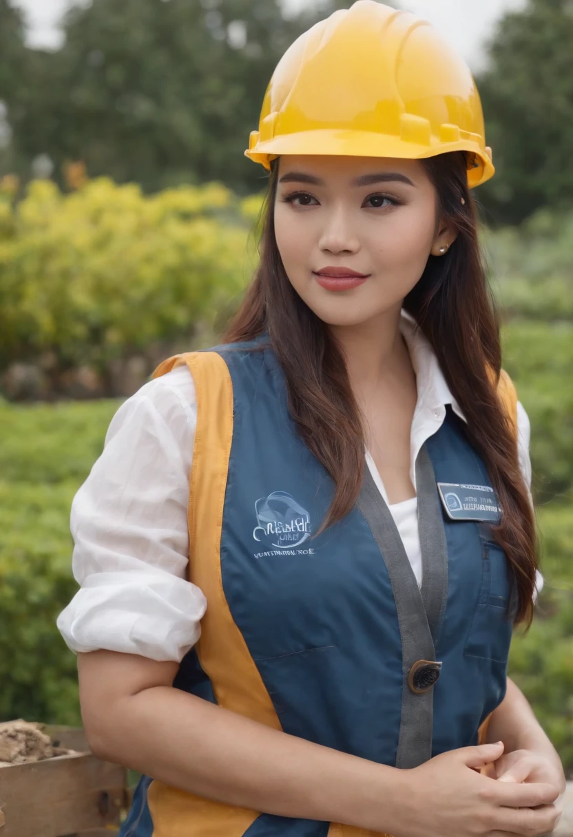 Project background shoot, Garden construction, well drilling construction work on the garden, an Indonesian construction guy (wearing construction vest, wearing yellow construction helmet) is explaining about water pump maintenance to a beautiful Indonesian college girl (white skin, sexy body: 1.2 , blue shirt, white blouse, blue jeans)