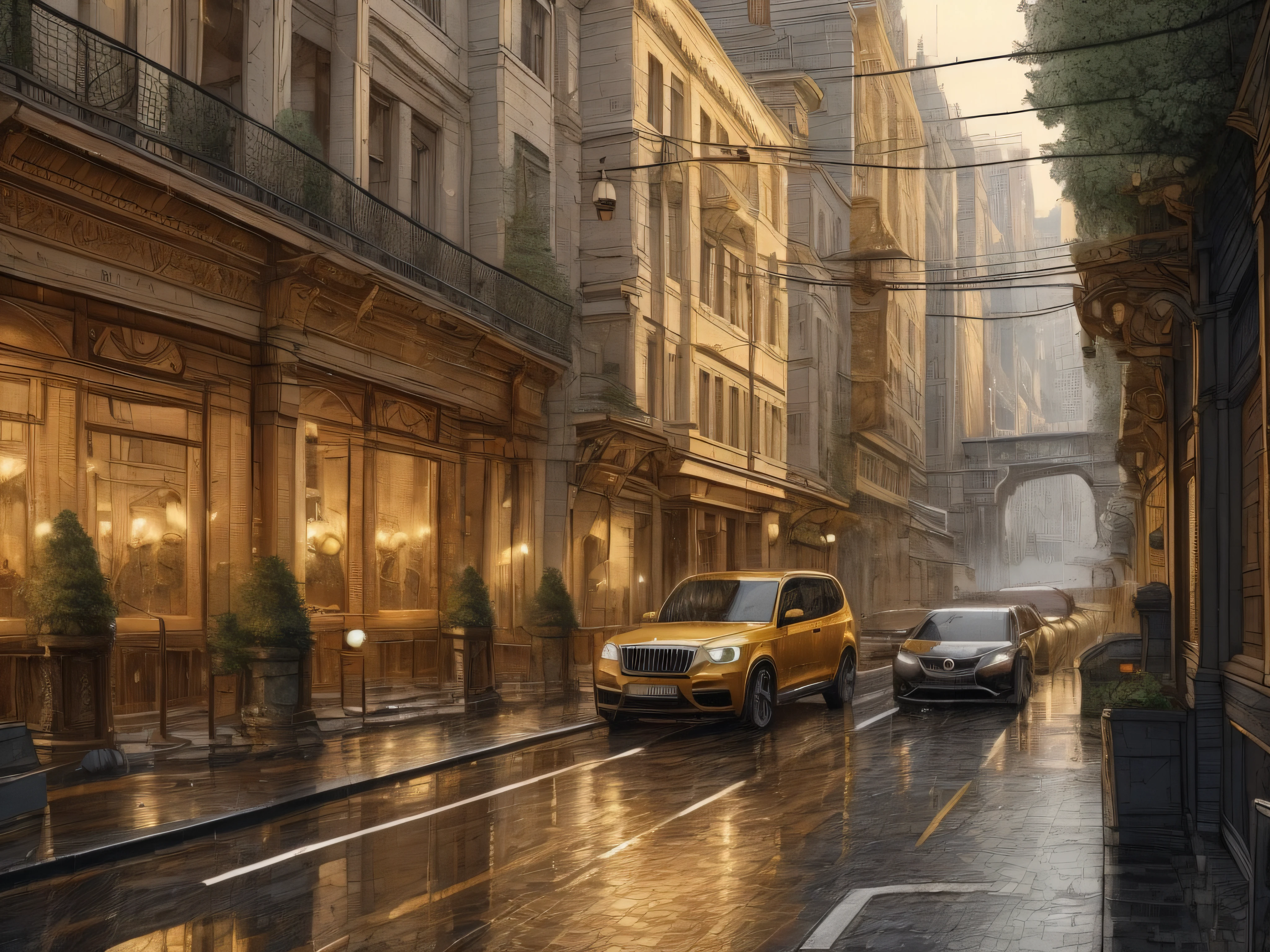 Car driving in the rain on a rainy day, photorealistic streetscape, (Heavy rain:1.8), by Alexander Kucharsky, by Evgeny Lushpin, inspired by Evgeny Lushpin, rainy street, Igor Kfiev, rainy urban streets, Andrey Gordeev, super realistic painting style, by Alexey Venetsianov, (Unreal Engine:1.2), (Ray tracing:1.2)