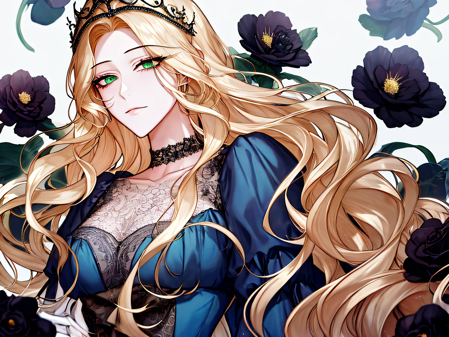 shoujo-style, floral background, romance manhwa, 1girl, blonde hair, solo, long hair, flower, dress, tiara, white dress, gloves, long sleeves, choker, green eyes, mascara, makeup, white gloves, black bow, black flower, wavy hair, bow, jewelry, looking at viewer, white background, collarbone, puffy sleeves, silver accessories, upper body, parted bangs, very long hair, blue dress, frills, bangs, closed mouth, detailed eyes, (close up), gleaming skin, shiny glossy skin