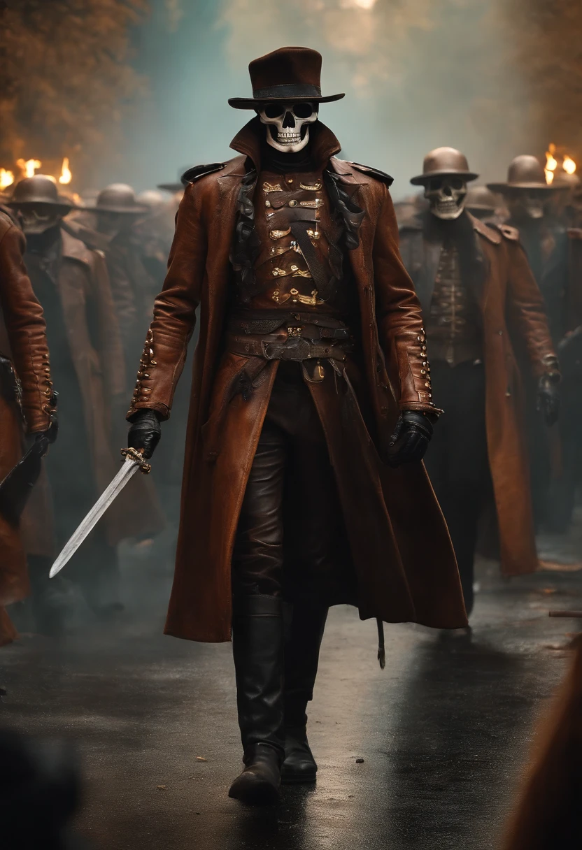 Skeleton army in leather coats