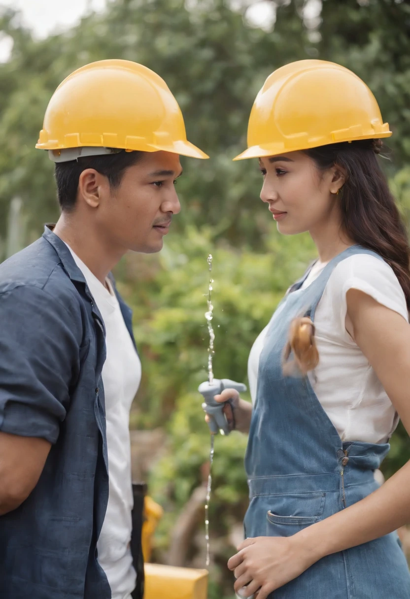 Project background shoot, Garden construction, well drilling construction work on the garden, an Indonesian construction guy (wearing construction vest, wearing yellow construction helmet) is explaining about water pump maintenance to a beautiful Indonesian college girl (white skin, blue shirt, white blouse, blue jeans)