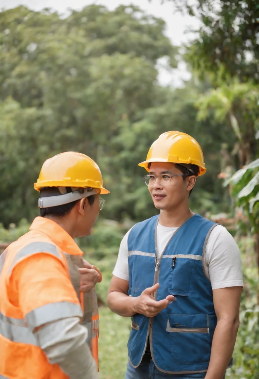 Project background shoot, Garden construction, well drilling construction work on the garden, an Indonesian construction guy (wearing construction vest, wearing yellow construction helmet) is explaining about water pump maintenance to a beautiful Indonesian college girl (white skin, blue shirt, white blouse, blue jeans)