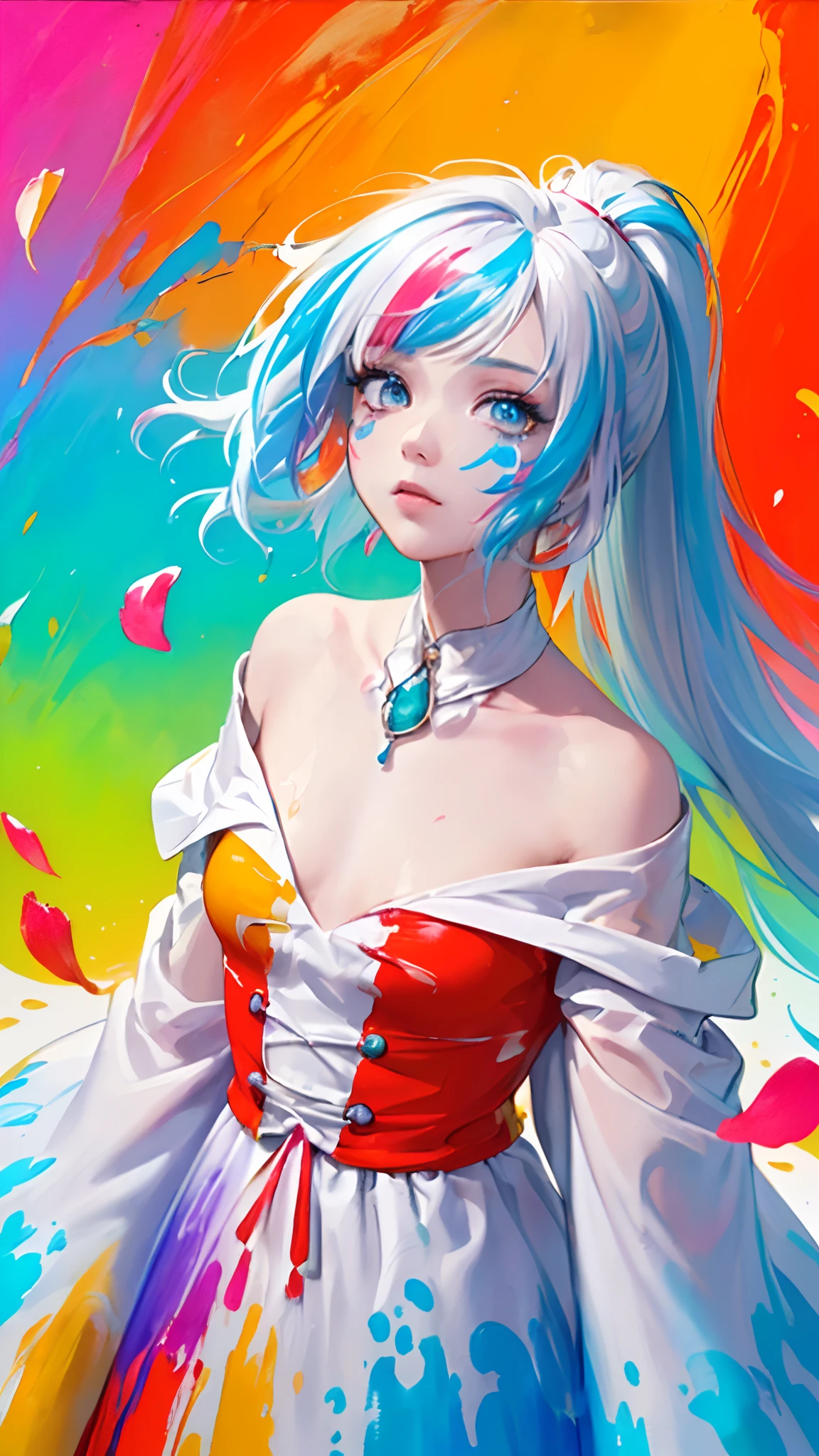 (Pink Fashion T-shirt:1.9),(Colorful hair: 1.8), (all the colours of the rainbow: 1.8),(((((vertical painting:1.6))), (painting:1.6),front, comics, illustrations, paintings, large eyes, crystal clear eyes,( rainbow color gradient high ponytail:1.7), exquisite makeup, closed mouth,(Small Fresh: 1.5),(Wipe Chest: 1.6) ,long eyelashes, white off shoulder T-shirt, White Shoulder Shirt,looking at the audience, large watery eyes, (rainbow colored hair:1.6), color splash, (solo:1.8), color splash, color explosion, thick paint style, messy lines, ((shining)),(colorful), (colorful), (colorful), colorful, Thick Paint Style, (Splash) (Color Splash), Vertical Painting, Upper Body, Paint Splash, Acrylic Pigment, Gradient, Paint, Highest Image Quality, Highest Quality, Masterpiece, Solo, Depth of Field, Face Paint, colorful clothes, (Elegant: 1.2), gorgeous,long hair, wind, (Elegant: 1.3), (Petals: 1.4),(((masterpiece))),(((best quality))),((ultra-detailed)),(illustration),(dynamic angle),((floating)),(paint),((disheveled hair)),(solo),(1girl) , (((detailed anima face))),((beautiful detailed face)),collar,bare shoulders,white hair, ((colorful hair)),((streaked hair)),beautiful detailed eyes,(Gradient color eyes),(((colorful eyes))),(((colorful background))),(((high saturation))),(((surrounded by colorful splashes))),