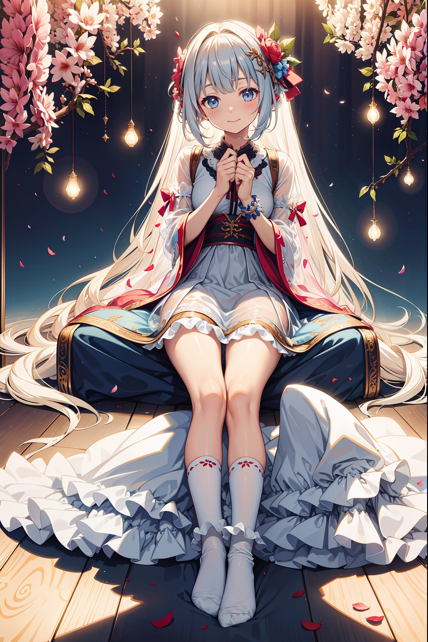 solo person，the night，inside in room，Happy expression，Cute loli girl，See-through Pajamas，see-through sleeves，Enchanted，Petal edges，Light colors，downy，Divine decoration，Sacred motifs，Lace，Ruffles，extremely detailed CG  8k wallpaper，best qualtiy，tmasterpiece，A high resolution，Delicate and beautiful face，intricate detailed clothes，A small number of flowers fly，Cute socks