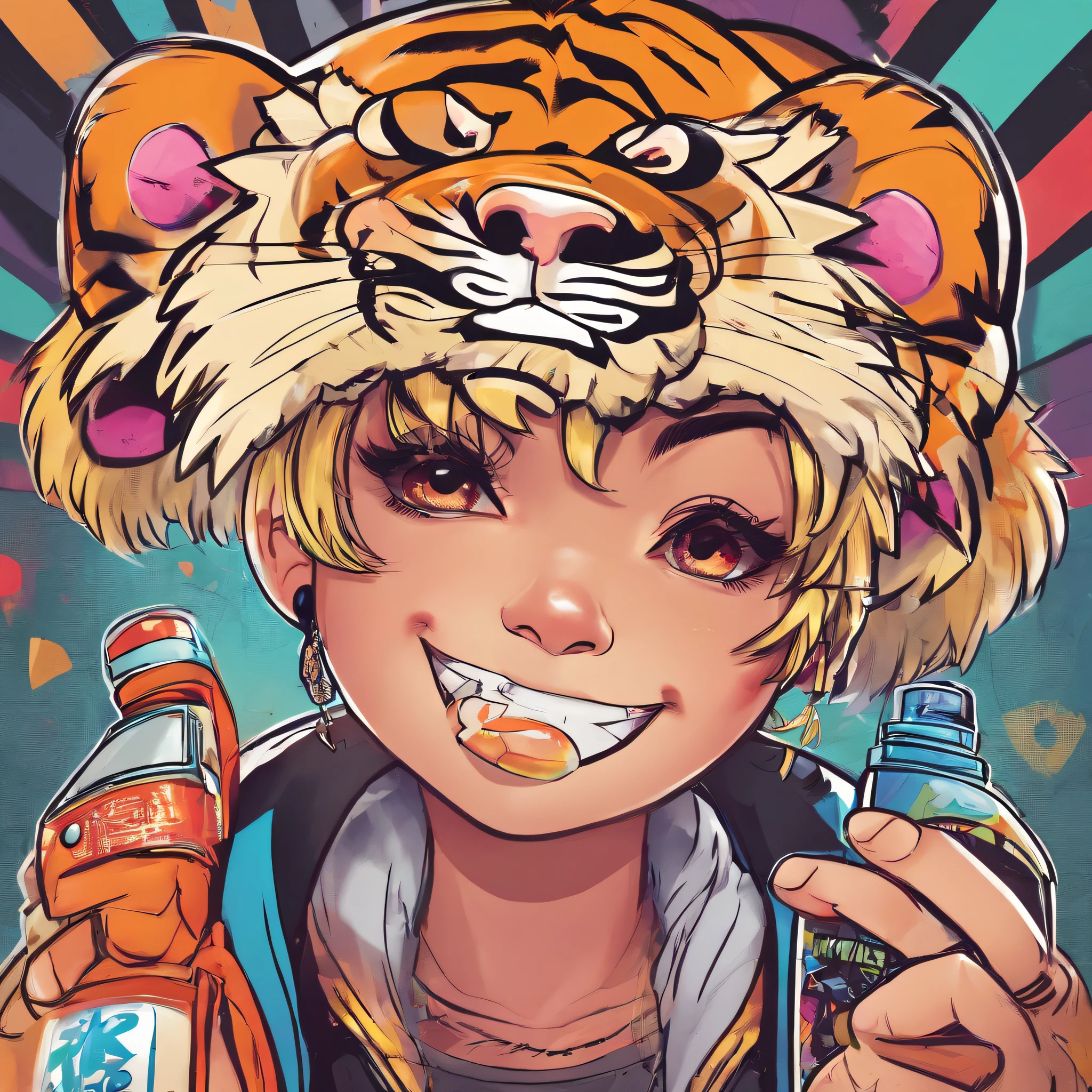 (Best quality), Big head, face happiness, (Short girl:1.2) Tiger in punk costume holding spray can, On Graffiti Street, from back, Slightly chubby, , Beanie with skull logo,, gyaru