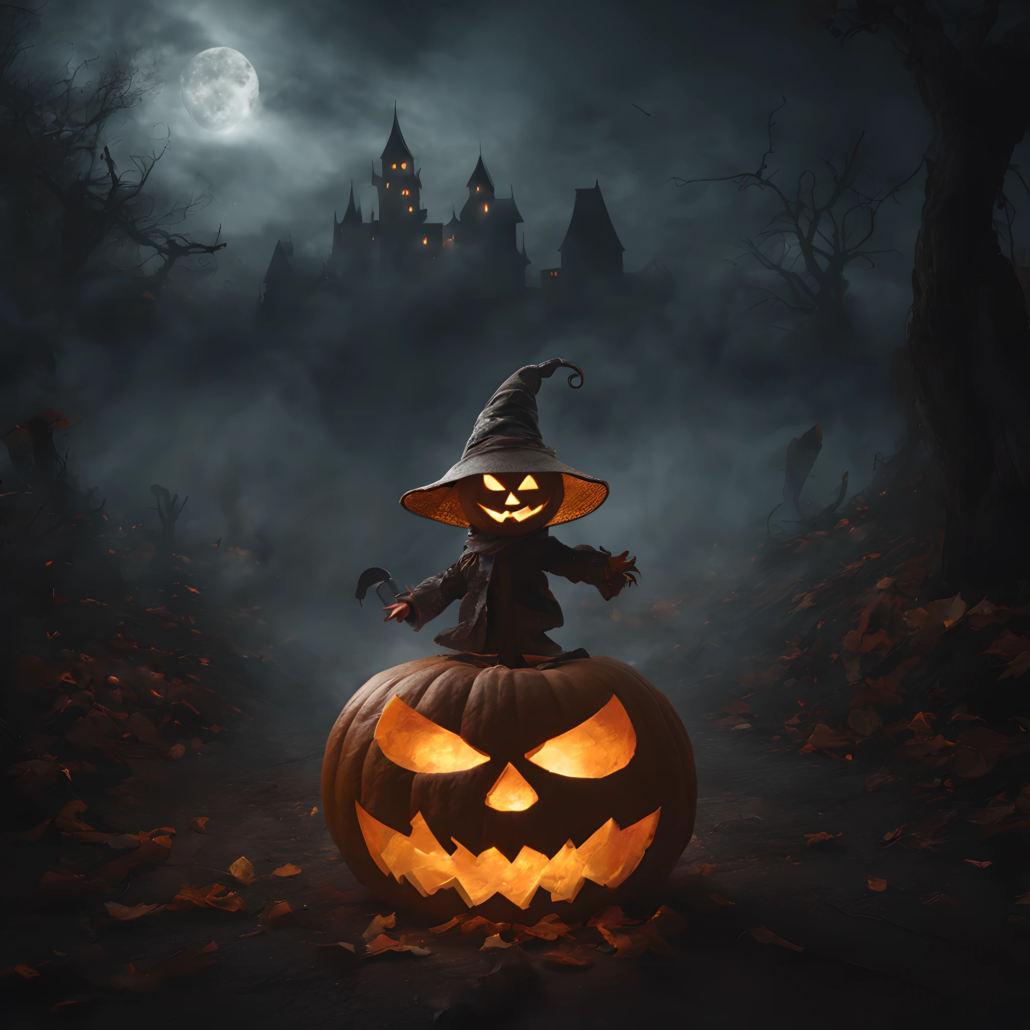 dancing Jack O'lantern, playing Jack O'lantern, fantasy world, magic world, a magical world, fairytale、jack O'lantern world. fantastic background, dark background, fog, smog, steam, Guibli、