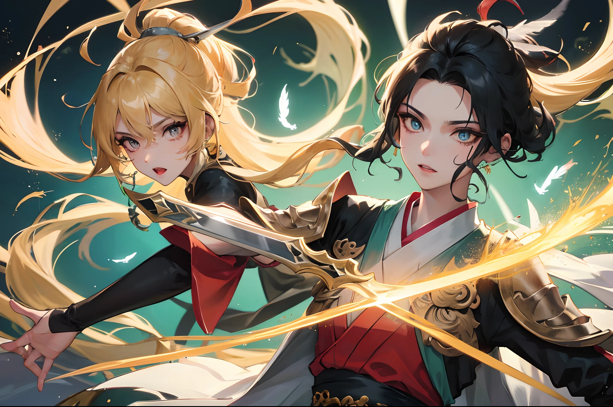 Homem e mulher em hanfu de tule, mulher segurando espada contra o homem, cabelos pretos, rabo de cavalo curto, onyx colored eyeballs, Detalhe da textura, pele brilhante, sol, spinning feathered sword, fundo de desfoque de movimento, luz de fundo, 8k, Super Detalhe, master part, best quality