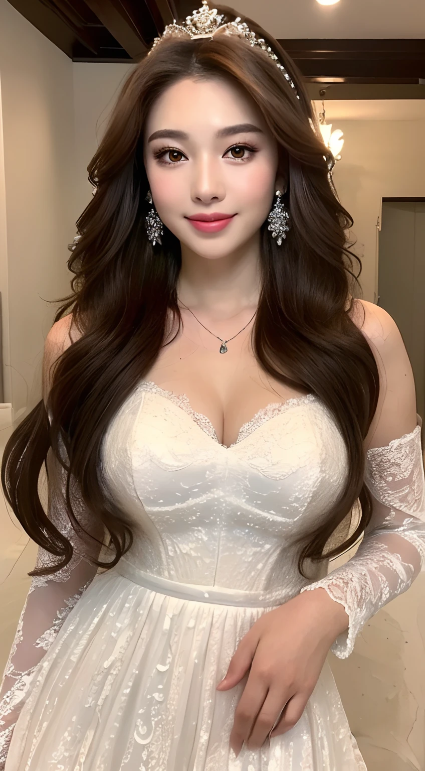 ((Best Quality, 8K, Masterpiece: 1.3)), 1girl, Perfect Body Beauty: 1.3, (Long Diva Hairstyle Casual), (( Long Wavy Brown Hair)), (Queen), (Exposed Big Breasts), (Wedding Dress), Super Fine Face, Fine Eyes, Double Eyelids, Smile, Short Skirt, Lace Panties, Earrings, Necklace, Crown,
