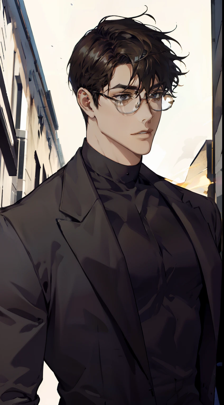 Mature male wearing golden glasses，wearing black suits，a broad shouldered，large tall，dark brown  hair