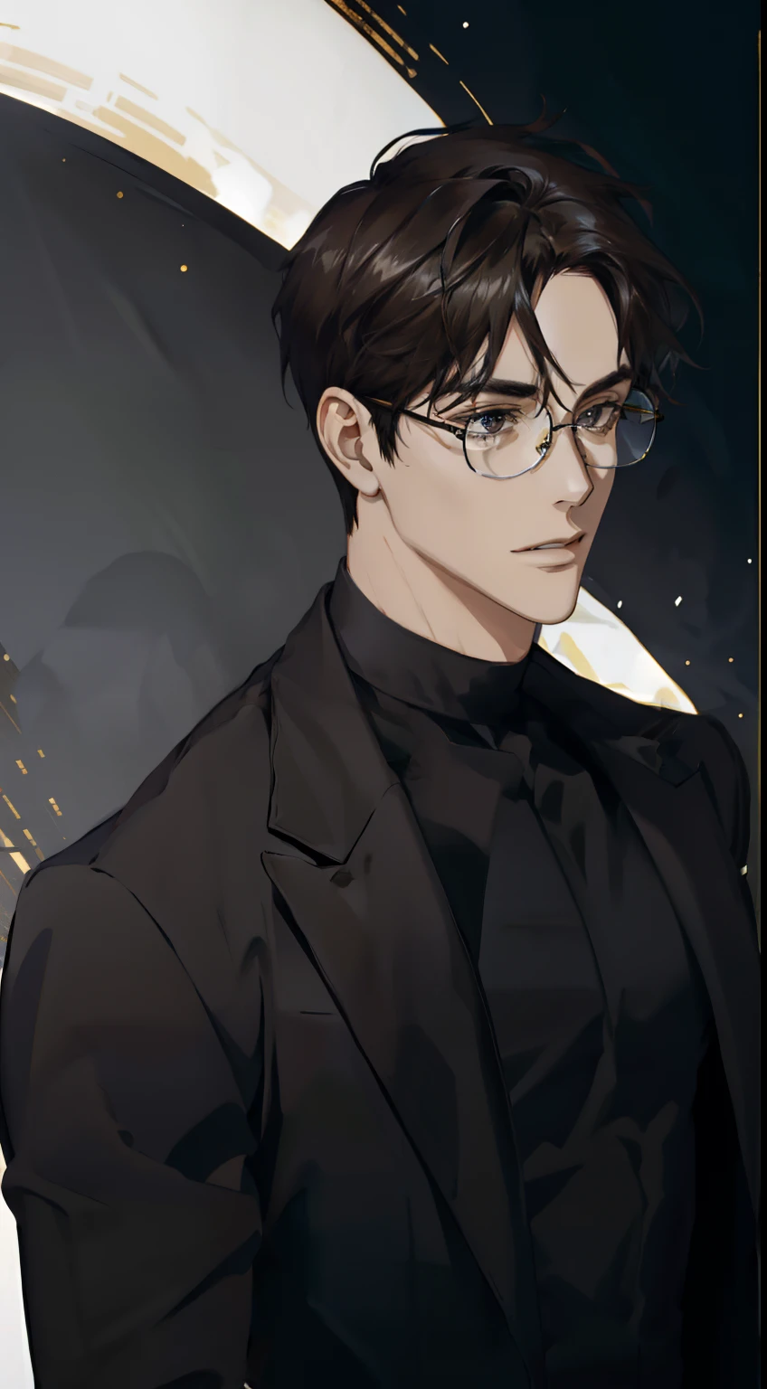 Mature male wearing golden glasses,wearing black suits,a broad shouldered,large tall,dark brown hair