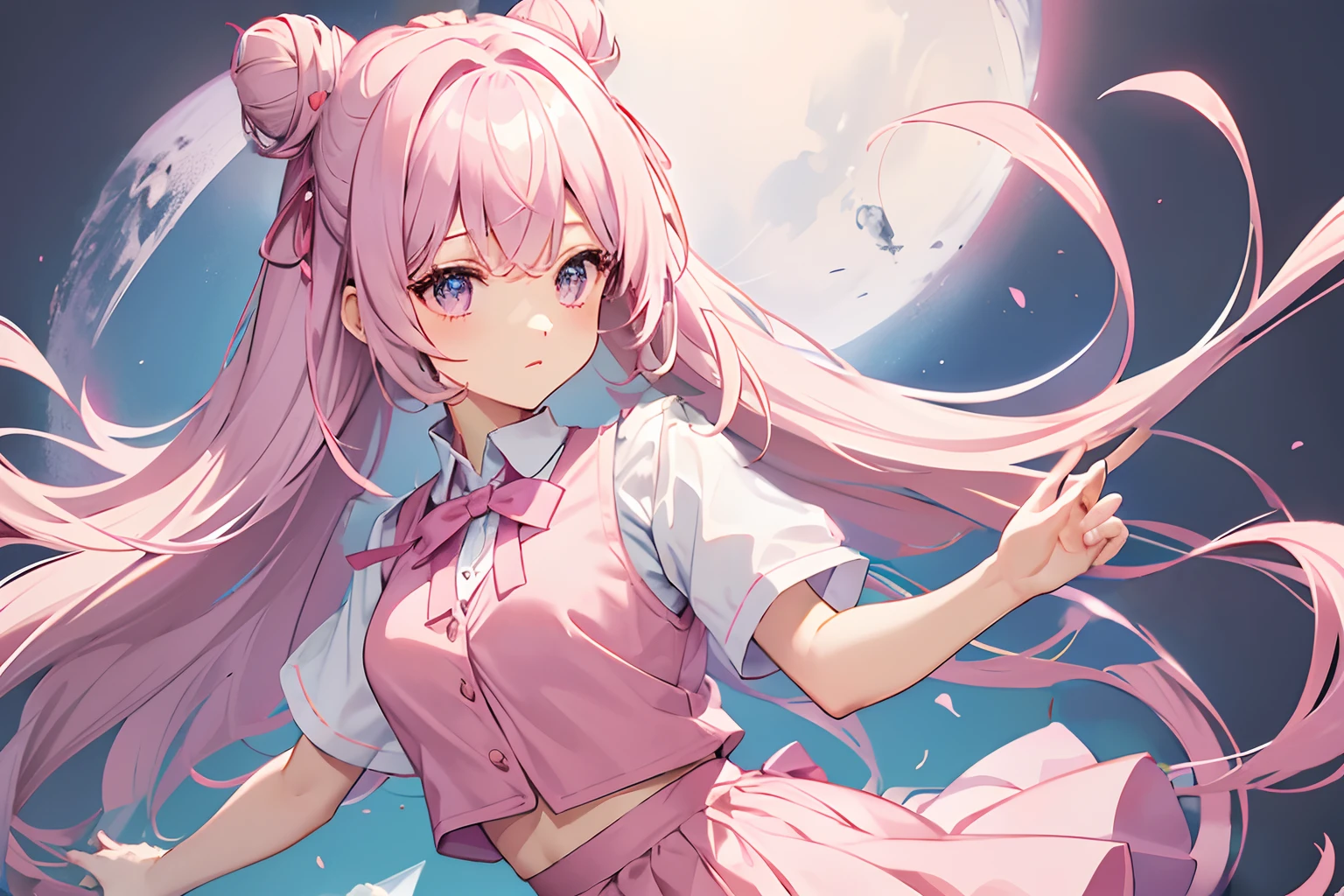 Short sleeved shirt and pink vest Pink skirt Pink line on sleeves Ribbon at chest Bun hair