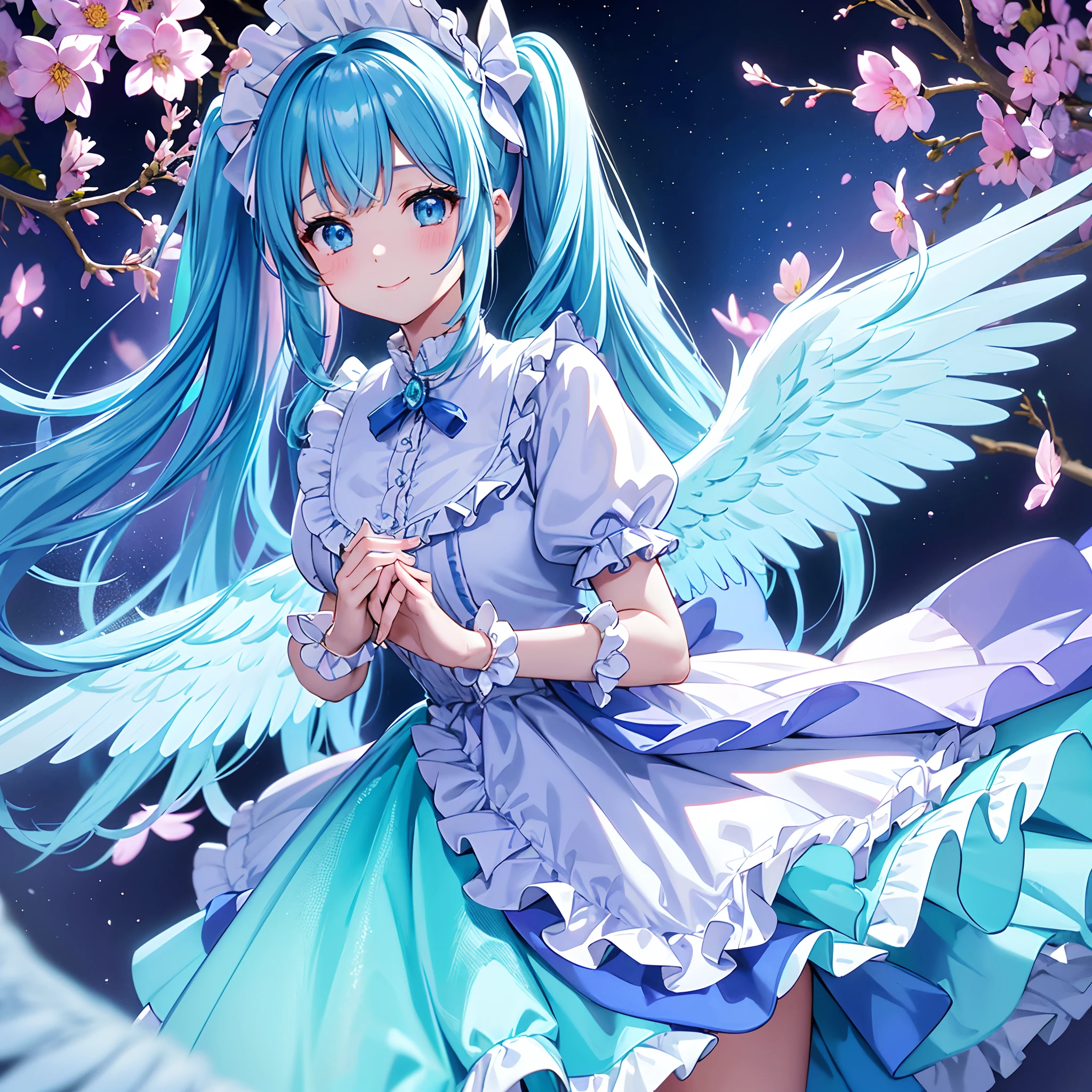 Angel wings shining in seven colors、1 kawaii girl、adorable smiling、Twin tails with long light blue hair、Colorful angel costume in lolita style with ruffles、A blizzard of fluttering flowers(Some photos)、((top-quality))、((masterpiece))、(ighly detailed、highestdetailed、Official art、Beautifully Aesthetic:1.2)
