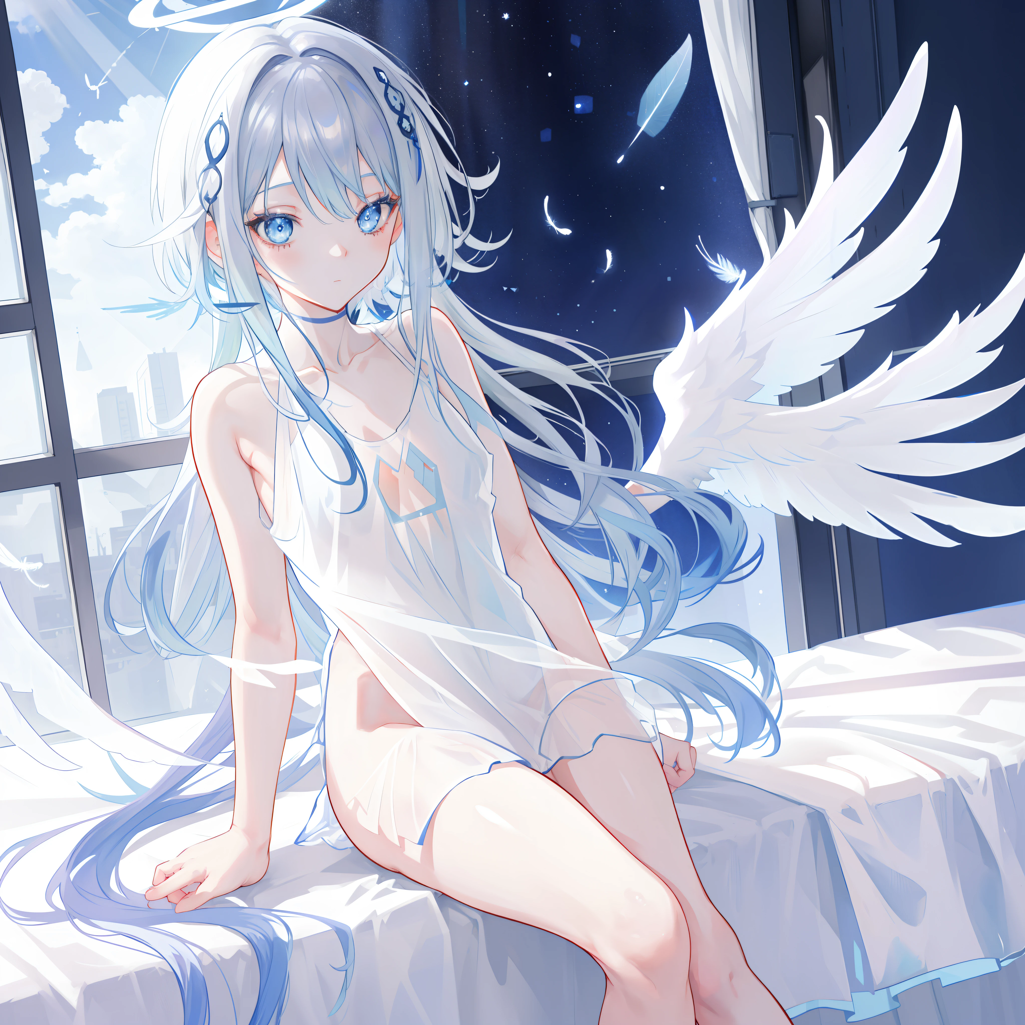 An anime girl, sitting on bed, (((half naked))), cinematic light, slim body with curves, skin is perfectly white, soft, and smooth, ((no nsfw)), Extremely delicate and beautiful CG illustration, best quality, high resolution, dynamic angle, full-length lens, (1 girl), floating, soft light, high-key lighting), angel, 2 pairs of big wings, glowing light, blue halo, feathers fluttering background, blue crystal, (((wearing nothing but a white (transparent) tank top)))