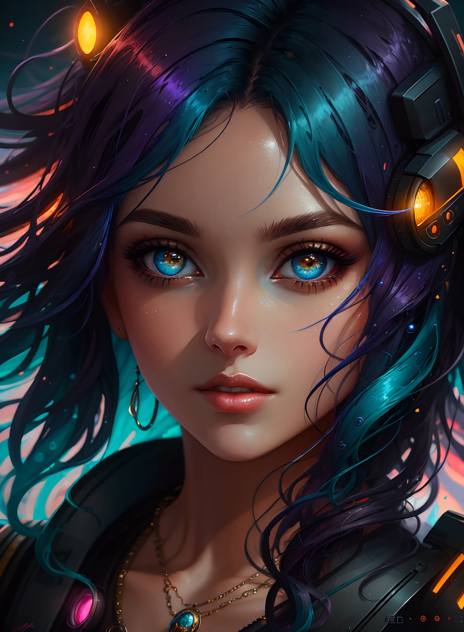 ((Best Quality)), ((Masterpiece)), (Real), (Details), (Details), (1 Woman) close-up portrait of woman with colorful hair, dreamy beautiful woman, 4K high-definition digital art, stunning digital illustration, stunning 8K artwork, colorful digital fantasy art, colorful and dark, beautiful digital artwork, colorful digital painting, Cyberpunk Digital Anime Art, Portrait of Girl with Bright Waves, 8K HD Digital Wallpaper Art, Gorgeous Digital Painting