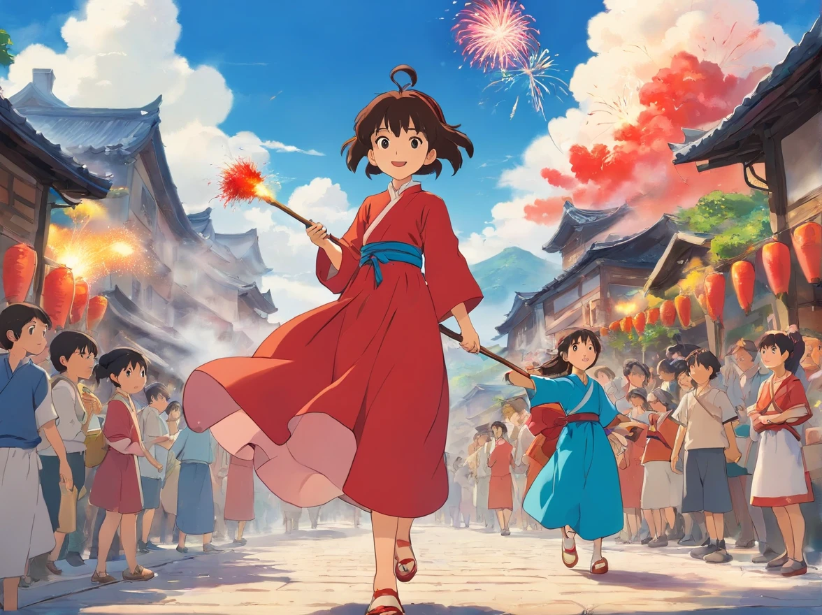 Blue sky and white cloud village road,Celebrate the third of March of the Zhuang people,Lots of people, lively scenes。The 15-year-old boy wears a Zhuang red dress,Holding a fireworks cannon made by himself。Stand in the crowd,Full of joy