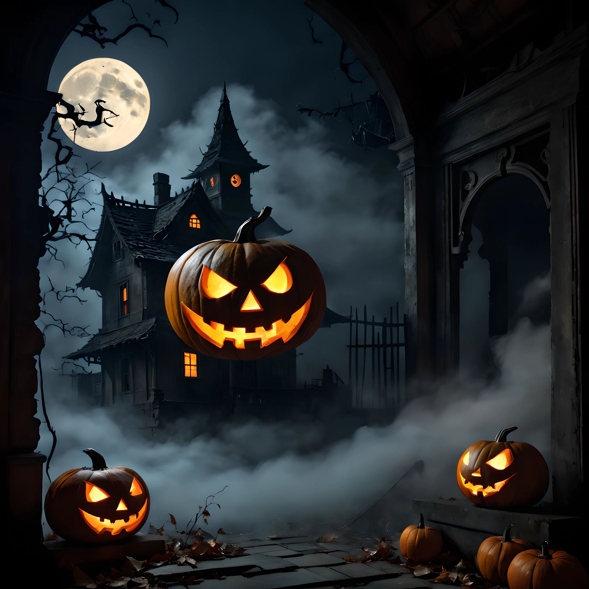 scary Jack O'lantern in the antique house, Swaying jack-o'-lantern, moon light, canny, dynamic, stain glass、ruins、retro anime, anime, japanese anime, in the dark, dark and dark, fog, smog, steam, dark room, Watches、wall clock、