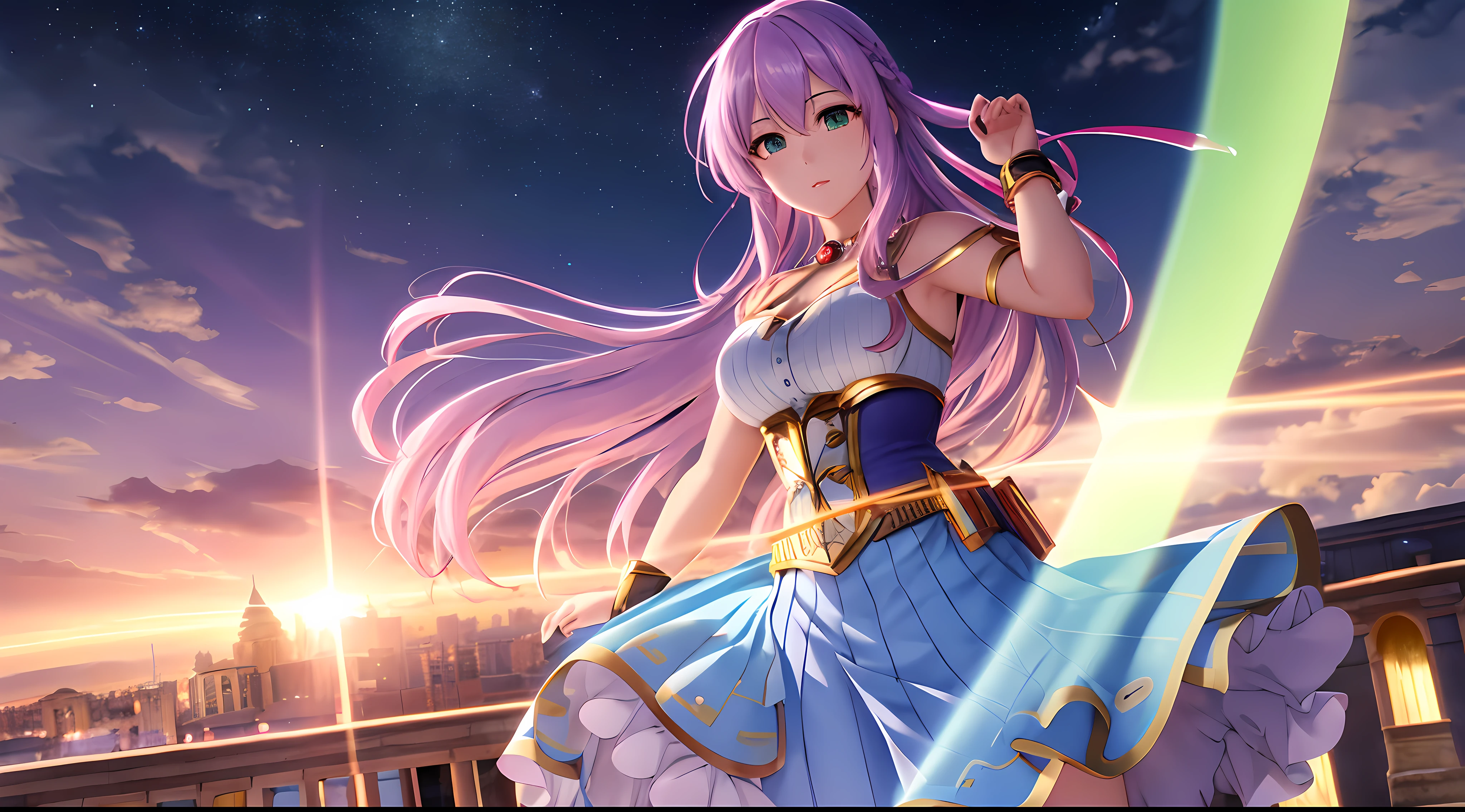 Athena with plain long light purple hair,hair between eyes,green eyes,rosy cheeks,full lips,thin eyebrows,slender body,wearing supergirl costume and full long skirt,praying beads on neck,cute anime girl,full body,Colloseum in background,anime style,Lumen Reflections,Screen Space Reflections,Diffraction Grading,Chromatic Aberration,GB Displacement,Scan Lines,Ray Traced,Anti-Aliasing,FXAA,TXAA,RTX,SSAO,Shaders,OpenGL-Shaders, GLSL-Shaders,Post Processing,Post-Production,cell Shading,Tone Mapping,CGI,VFX,SFX,insanely detailed and intricate, 4K,standing, solo, masterpiece, best quality, detailed face, detailed eyes, highres, standing, solo,masterpiece, best quality