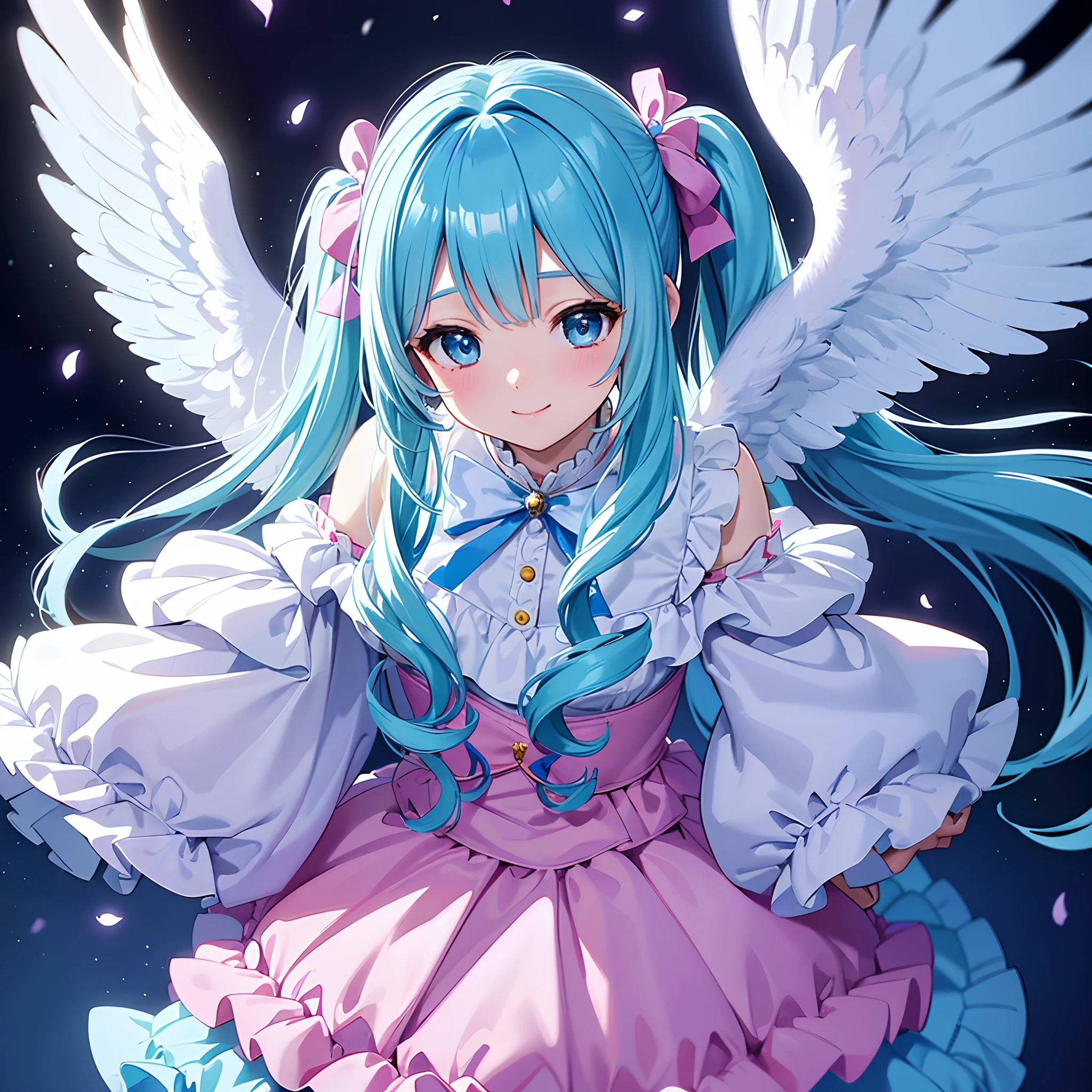 Angel wings shining in seven colors、1 kawaii girl、adorable smiling、Twin tails with long light blue hair、Colorful angel costume in lolita style with ruffles、A blizzard of fluttering flowers(Some photos)、((top-quality))、((masterpiece))、(ighly detailed、highestdetailed、Official art、Beautifully Aesthetic:1.2)