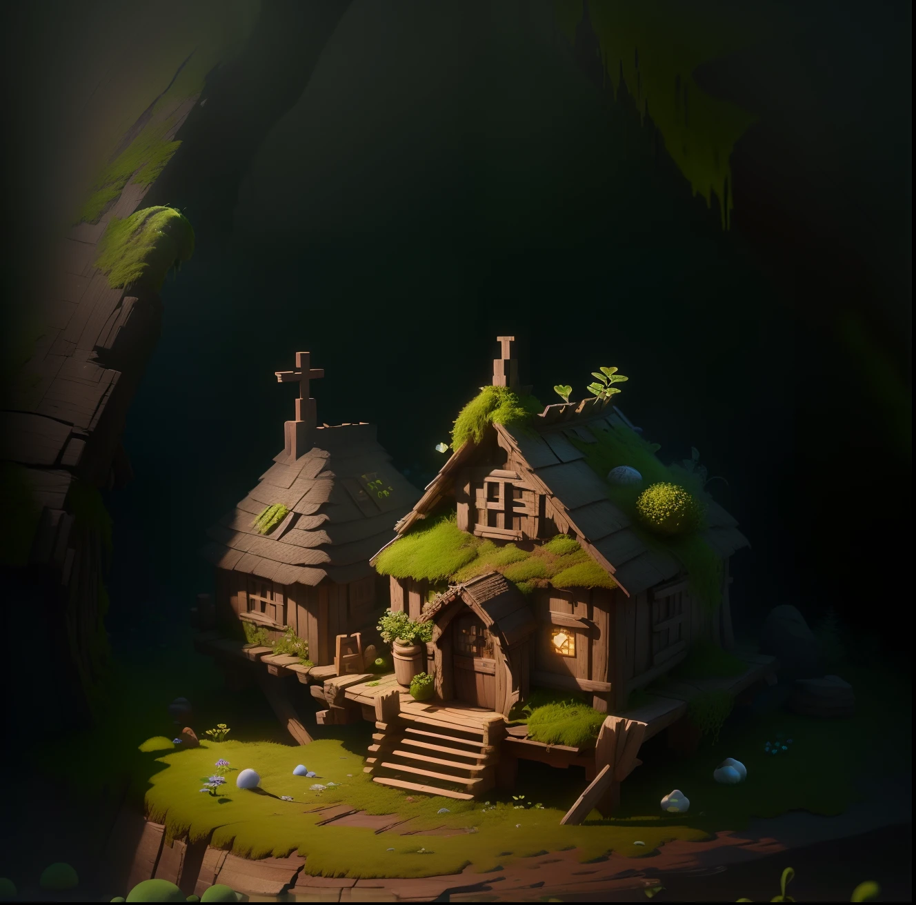 masterpiece, best quality, (extremely detailed CG unity 8k wallpaper), (best quality), (best illustration), (best shadow), A round turnip hut covered with moss, isometric 3D, octane render,ray tracing,ultra detailed