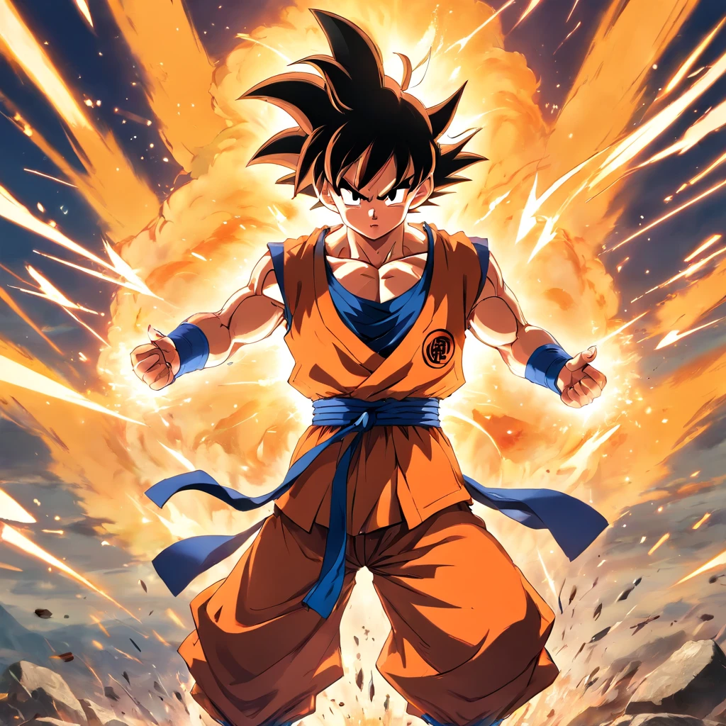 Goku in a combat stance, at the battlefield, Produced by Akira Toriyama