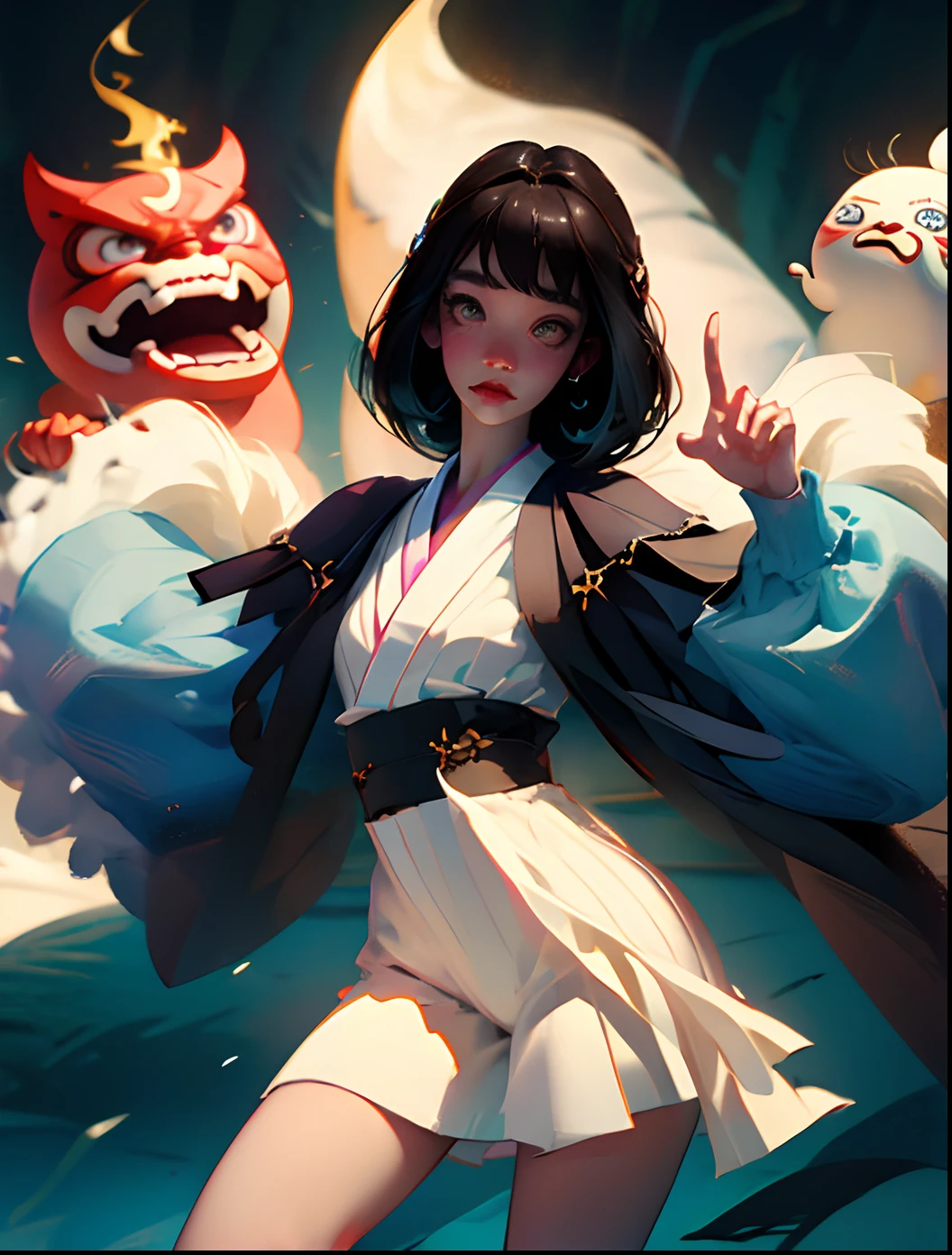 White Yokai Skinny Short Black Bangs