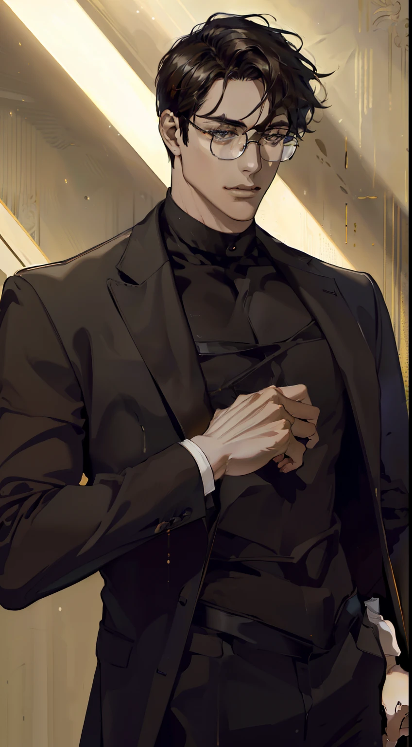 (best quality,4k,8k,highres,masterpiece:1.2),ultra-detailed,(realistic,photorealistic,photo-realistic:1.37),mature man with golden glasses, dressed in a black suit, broad shoulders, tall, deep brown hair, sharp focus, professional, vibrant colors, luxurious lighting, oil painting style, contrast, intense gaze, elegant demeanor