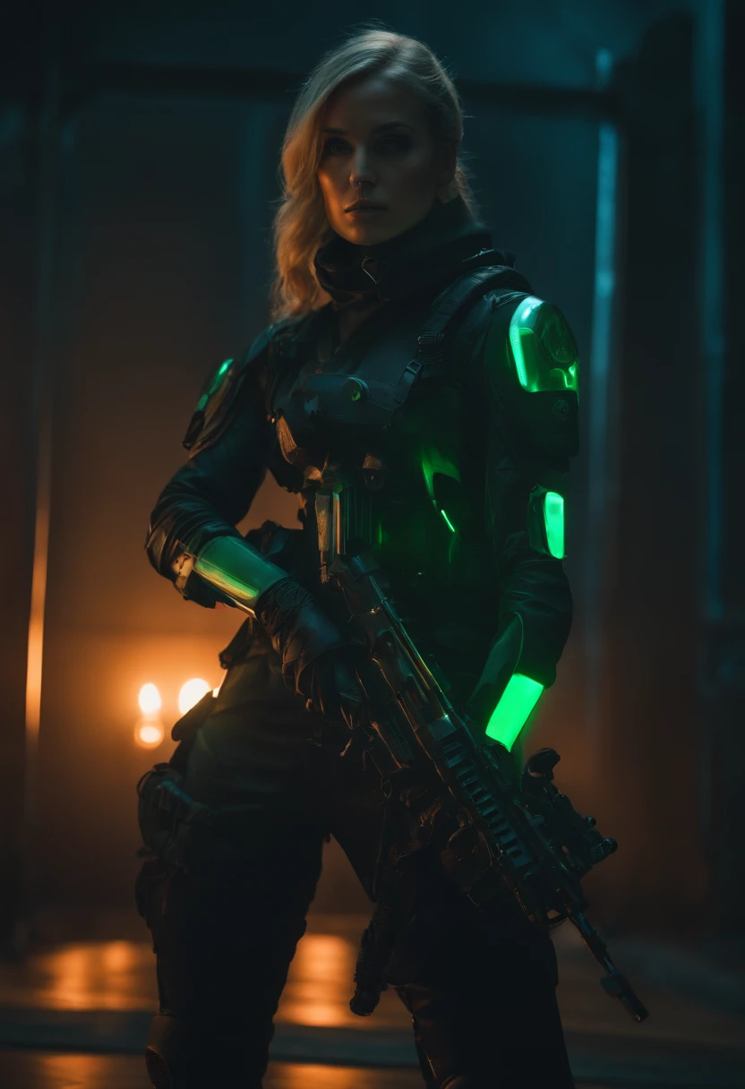(Grainy:0.5), Cinematic,Girl, space, Serious, Detailed eyes, Detailed face, Exquisite futuristic clothing, Lamps in clothes, (Aiming guns:1.1), (Hiding:1.1), (crouched, side looking:1.1), voluminetric lighting, isolation, Horror, Dark lighting, Red bioluminescent details, Green bioluminescent details, Blue bioluminescent details