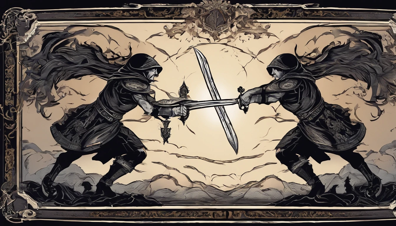 Two muscular men fighting,One with a sword, the other with a shield,The emblem on the shield is a chip,Sky background with flames,with lightning
