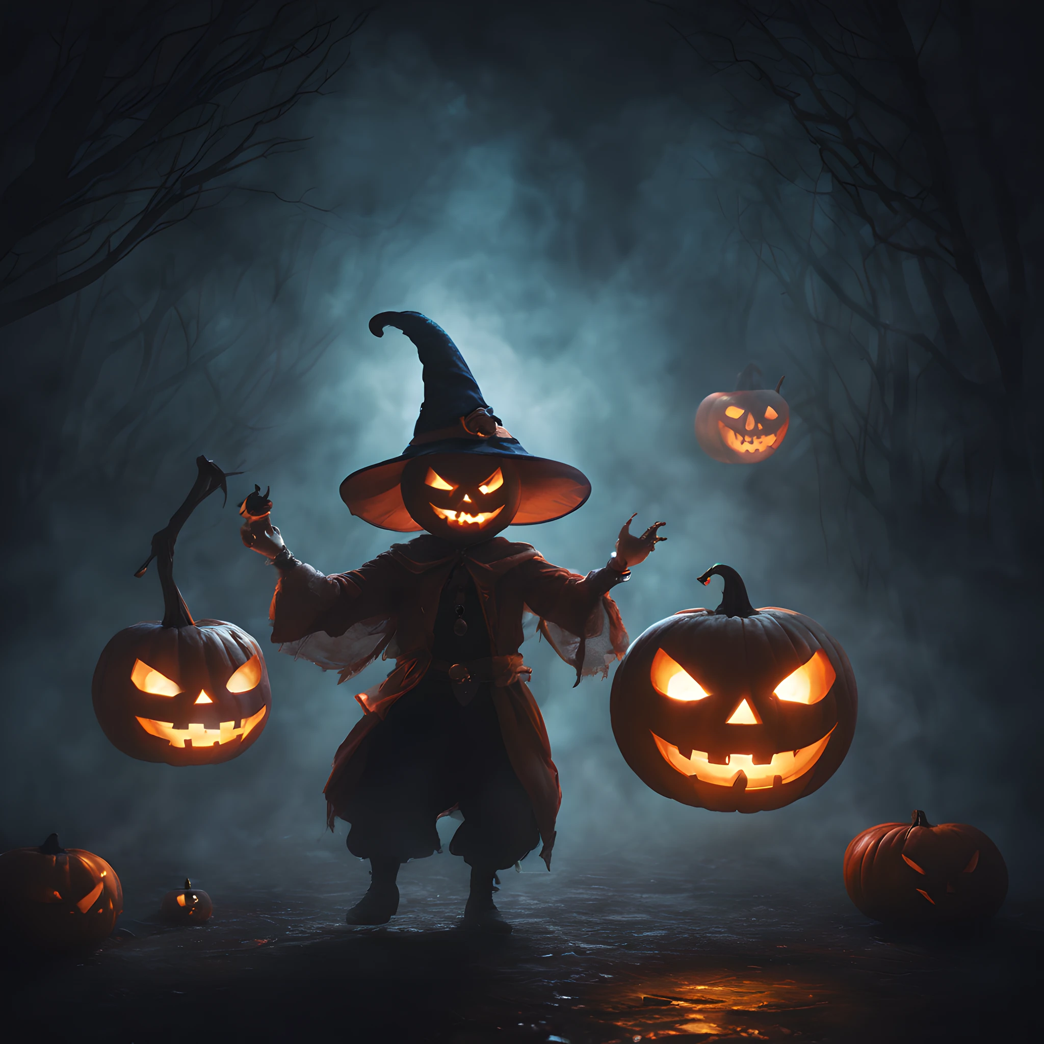 dancing Jack O'lantern, playing Jack O'lantern, fantasy world, magic world, a magical world, fairytale、jack O'lantern world. fantastic background, dark background, fog, smog, steam, Guibli、