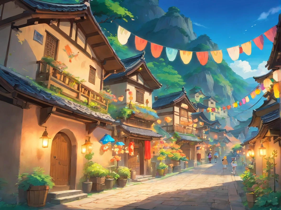 The scene of the festival paints a joyful and lively atmosphere。The whole village is dressed up，Colorful bunting flutters in the air，The villagers are dressed in Zhuang costumes，With a smile of joy and anticipation，Come together。In the middle of the village stands a mysterious cave，The light at the entrance of the cave is warm，Exudes a beautiful glow。
