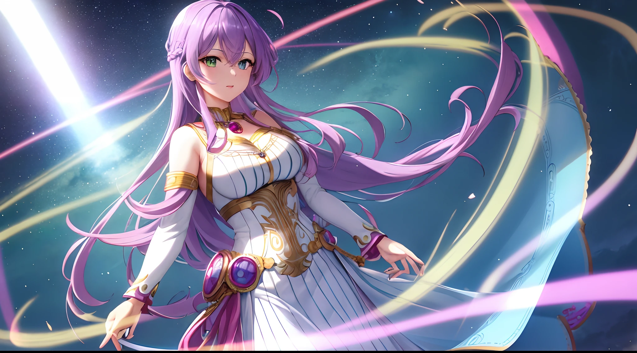 Athena with plain long light purple hair,hair between eyes,green eyes,rosy cheeks,full lips,thin eyebrows,slender body,wearing superman costume and full long skirt,praying beads on neck,cute anime girl,full body,Colloseum in background,anime style,Lumen Reflections,Screen Space Reflections,Diffraction Grading,Chromatic Aberration,GB Displacement,Scan Lines,Ray Traced,Anti-Aliasing,FXAA,TXAA,RTX,SSAO,Shaders,OpenGL-Shaders, GLSL-Shaders,Post Processing,Post-Production,cell Shading,Tone Mapping,CGI,VFX,SFX,insanely detailed and intricate, 4K,standing, solo, masterpiece, best quality, detailed face, detailed eyes, highres, standing, solo,masterpiece, best quality