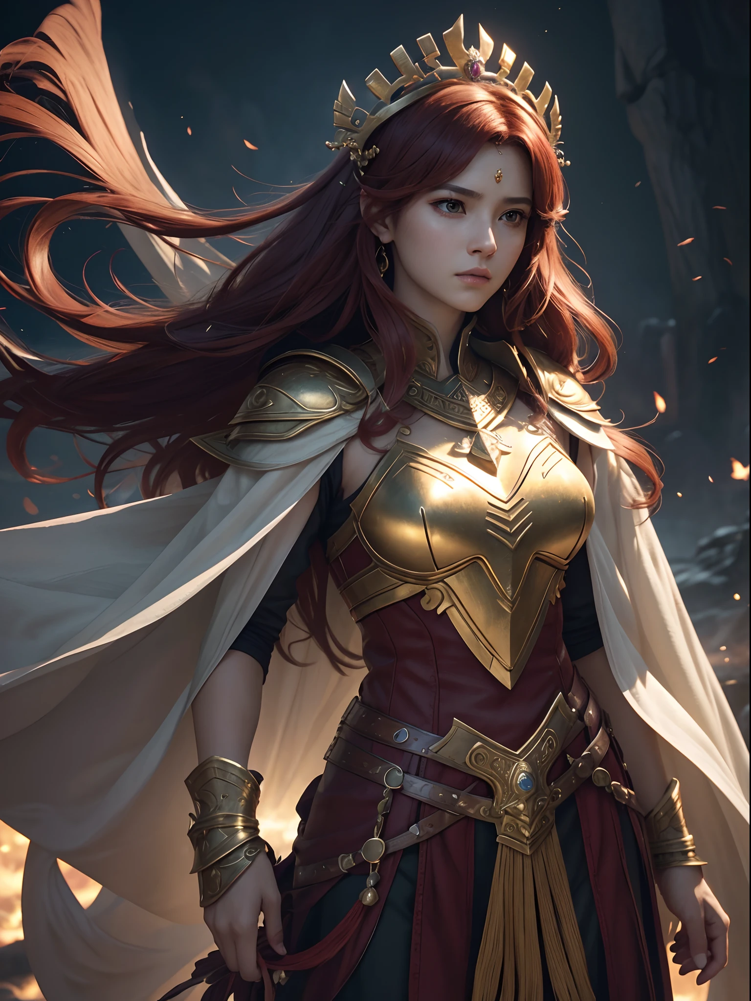 Fantasia、Babylonia、Ancient legends、myth、battle field、loimu、Best Quality, Very high resolution, 4K Detail CG, ​master piece、aesthetics、Mysterious、Queen of Thrones、Charisma、Ishtar, Goddess of War、Increase your fighting spirit、Invincible Great General、Be brave and bold、brave、Awe-inspiring Hall々、glorias、Prestige、Veteran Hero、Extraordinary beauty、Rin々Right、Guardians of Lions、refinement、noble、Proud、Wearing noble jewelry、Equip your weapon、The appearance is golden armor、Cloak in the wind、tall and slender、Fiery red hair long hair、thirds rule、Perfect Angle、Perfect optical understanding、Perfect light and shadow contrast、(((​masterpiece)))、(((top-quality)))、((ultra-definition))、(High Definition CG Illustration)、((extremely delicate and beautiful))、Cinematic Light、）