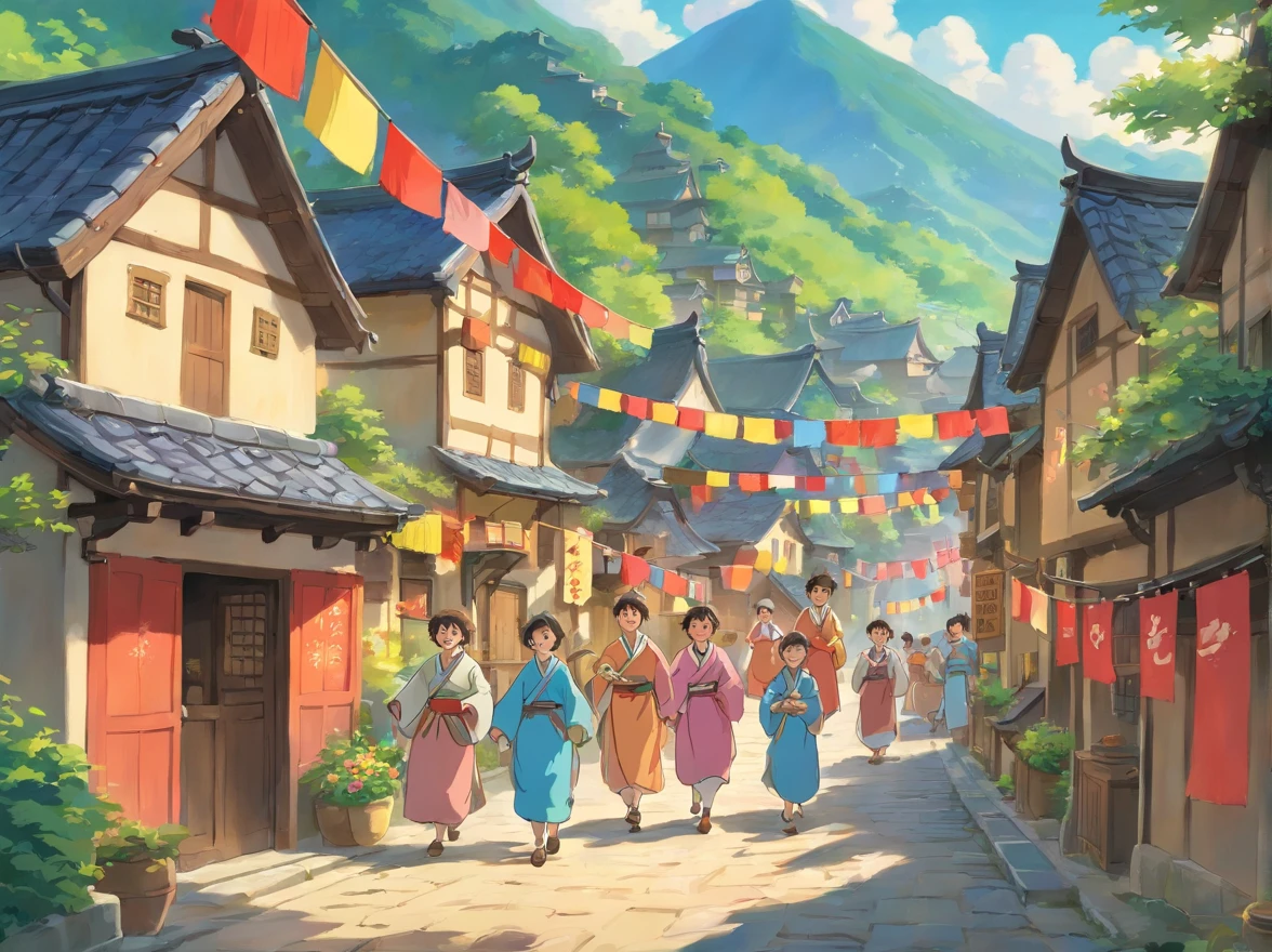 Depicts a village scene full of joy and lively atmosphere,The villagers wear Zhuang costumes,The village is covered with colorful flags