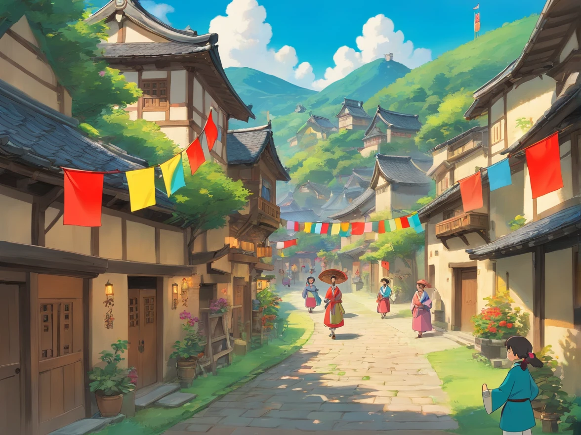 Depicts a village scene full of joy and lively atmosphere，The villagers wear Zhuang costumes，The village is covered with colorful flags
