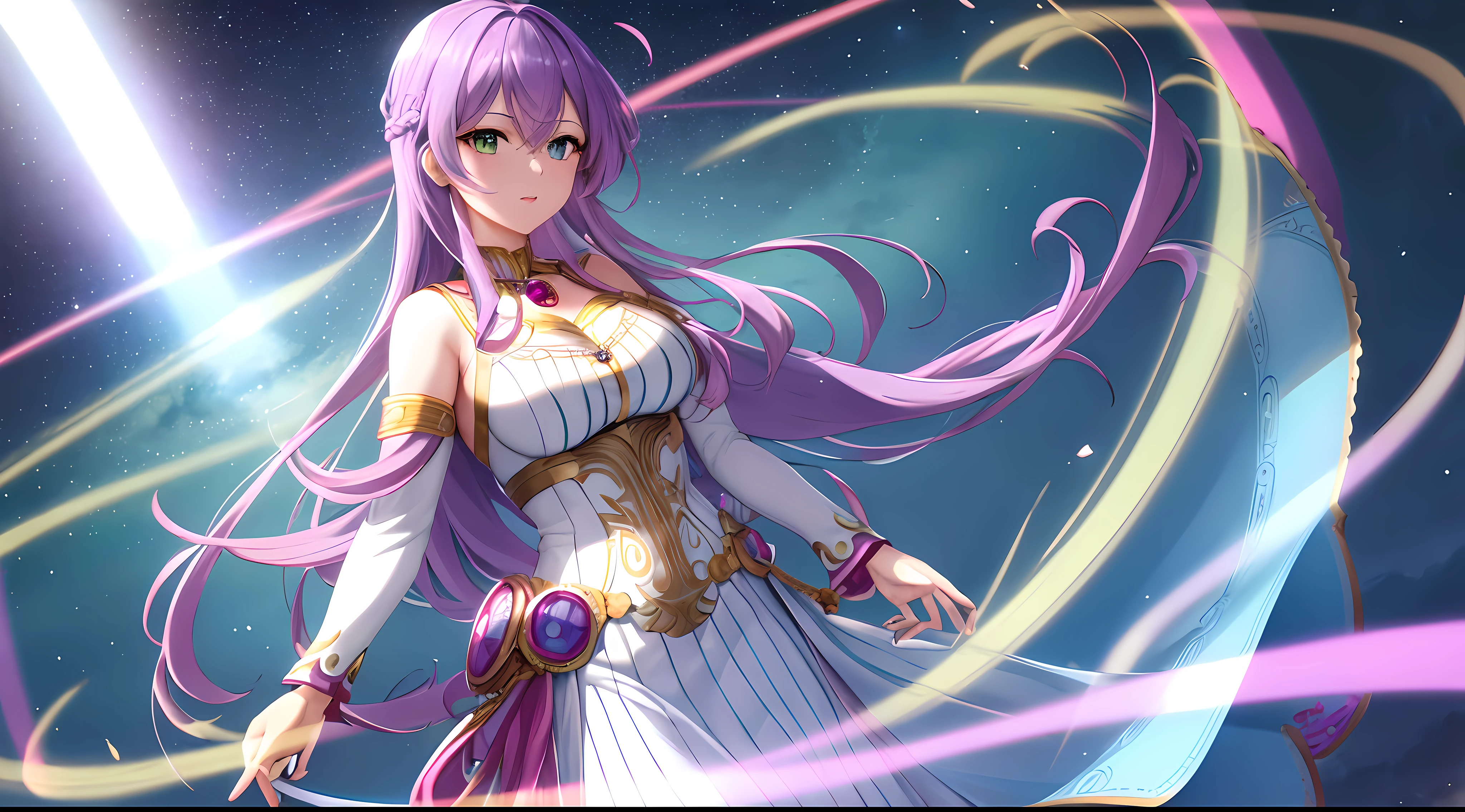 Athena with plain long light purple hair,hair between eyes,green eyes,rosy cheeks,full lips,thin eyebrows,slender body,wearing superman costume and full long skirt,praying beads on neck,cute anime girl,full body,Colloseum in background,anime style,Lumen Reflections,Screen Space Reflections,Diffraction Grading,Chromatic Aberration,GB Displacement,Scan Lines,Ray Traced,Anti-Aliasing,FXAA,TXAA,RTX,SSAO,Shaders,OpenGL-Shaders, GLSL-Shaders,Post Processing,Post-Production,cell Shading,Tone Mapping,CGI,VFX,SFX,insanely detailed and intricate, 4K,standing, solo, masterpiece, best quality, detailed face, detailed eyes, highres, standing, solo,masterpiece, best quality
