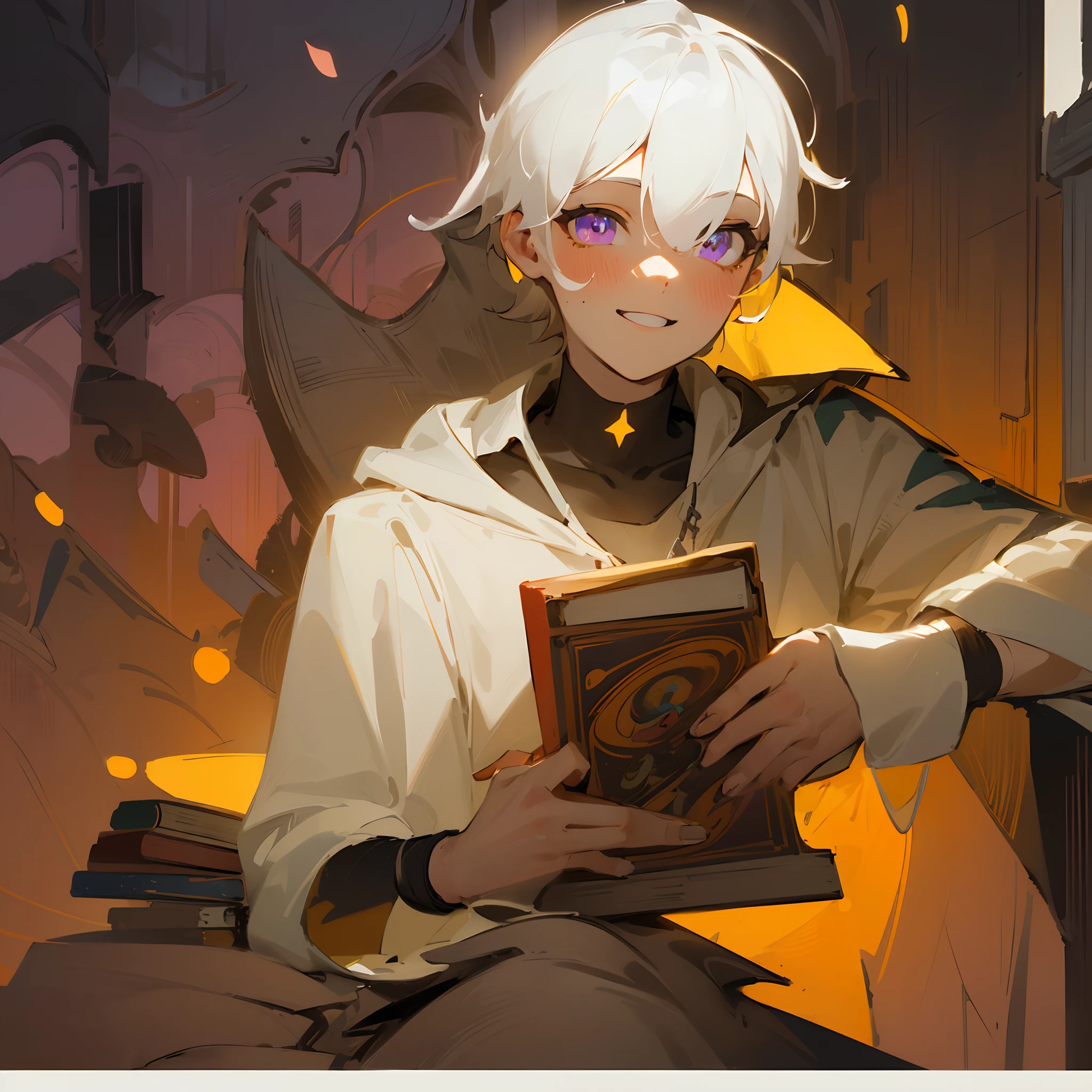 ultra-quality, ( ultra detailed original illustration), ((Chibi Mode)),( Happy look of a boy, Red Eye, Short hair, White hair, Sunny Smile, Upper body, Perfect body), ((street wear,Parker Fashion)), ((cherry blossom)(Graffiti)), double exposure, fussion of fluid abstract art, glitched, ( 2D), ( original illustration composition), ( fusion of limited color, maximalism artstyle, geometric artstyle, fire, junk art), Yellow theme, Background black, ultra-quality, ( ultra detailed original illustration), ((Chibi Mode)),( Happy look of a boy, Red Eye, Short hair, White hair, Sunny Smile, Upper body, Perfect body), ((street wear,Parker Fashion)), ((cherry blossom)(Graffiti)), double exposure, fussion of fluid abstract art, glitched, ( 2D), ( original illustration composition), ( fusion of limited color, maximalism artstyle, geometric artstyle, fire, junk art), Yellow theme, Background black, 1 boy,star-shaped pupils,Fingernails,White hair,Purple eyes,(blush:1.1),Choker,Upper body,trembling,sideways Facing,kirakira,(SPEEDLINE:1.1), Black hoodie,Handsome man in profile,Lineart color,Man with a book,frontage,Book in hand