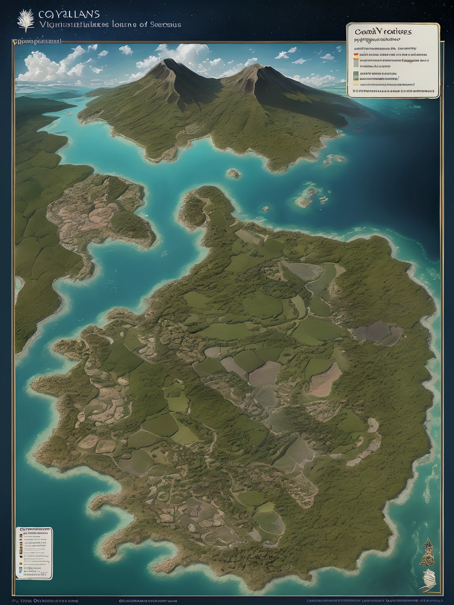 Une carte de plusieurs royaumes :
Sylvarion 	
      •Environment : Enchanted forests, Waterfalls and green valleys.

Empire of Auralia
•Environment : Golden Ribs, Exotic Islands & Deserts.

Principality of Seraphia
•Environment : Rolling hills, Gardens & Cathedrals.

Marinthia
Environnement : Tropical islands, Coral reefs and oceans.

Aquarea
Environment : Archipels, Reefs and sparkling sea.

Givernia 
Environnement : Terres fertiles, Green forests and mountains.

Cedoria 
Environnement : Old-growth forests, Picturesque lakes and valleys.

Heliosar 
Environnement : Sunny Lands, plaines et vignobles.

Duchy of Lunaris
Environment : Paysages nocturnes, montagnes et lacs.

Republic of Ventorith 
Environment : Collines venteuses, lacs et plaines.

Pyralia 
Environnement : Montagnes volcaniques, Valleys and deserts.