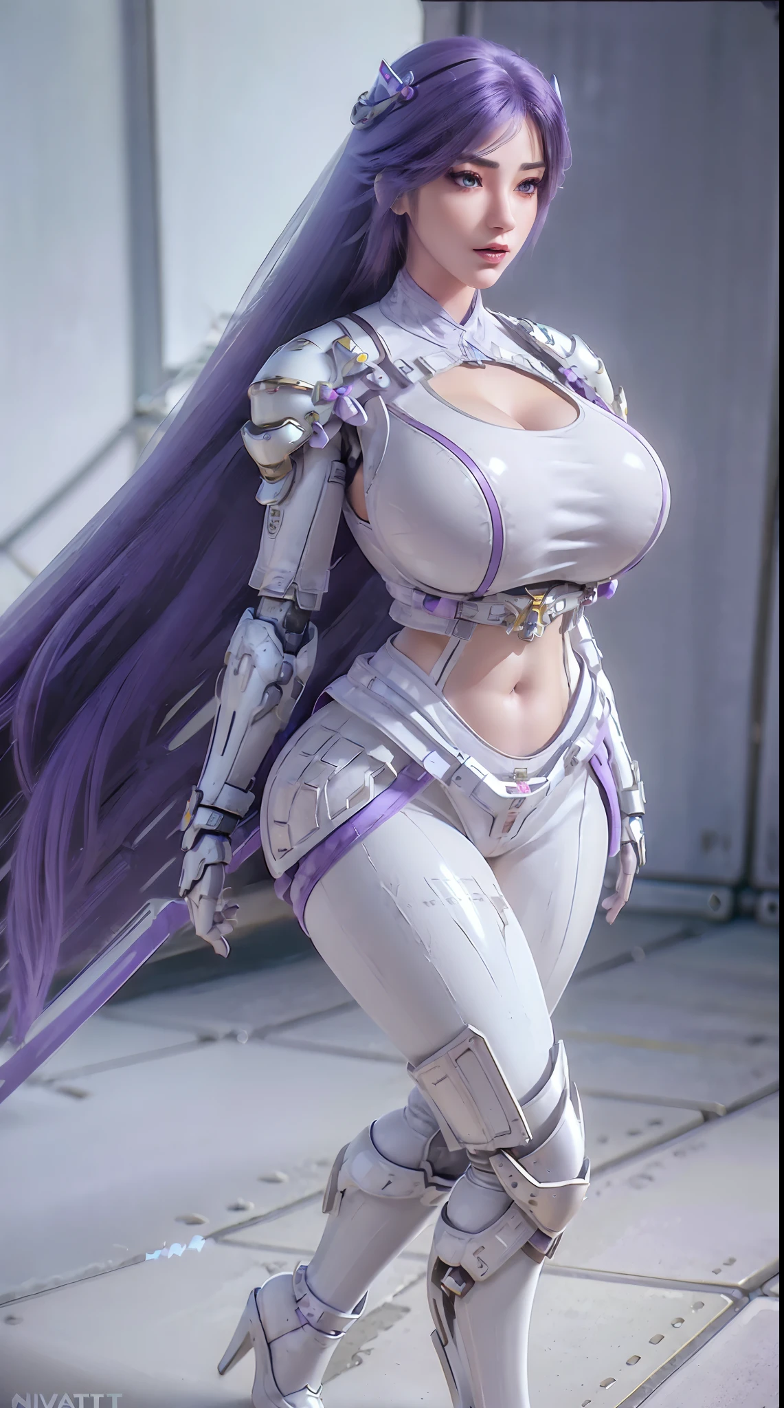 (1GIRL,SOLO:2), (super detailed face), ((BIG BUTTOCKS, HUGE FAKE BREASTS:1.5)), (CLEAVAGE TOP:1.5), (MUSCLE ABS:1.4), (MECHA GUARD ARM:1.5), ((WEARING WHITE PURPLE OVERWATCH MECHANICAL HEAVY ARMORED CROP TOP, MECHA GUARD ARMOR LEGS, HIGH HEELS:1.6)), (LEWD VOLUPTUOUS BODY:1.3), (GLOWING SKIN:1), (SEXY LONG LEGS, FULL BODY:1.3), (LOOKING AT VIEWER:1.3), (female focus:0.886), (WALKING DOWN HALLWAY OF FUTURISTIC SPACE STATION:1), (BRIGHT LIGHT WHITE_ROOM:1.3), SUPER TEXTURE, UNREAL ENGINE RENDER, PHYSICALLY-BASED RENDERING, ULTRA HIGHT DEFINITION, 16K, 1080P.