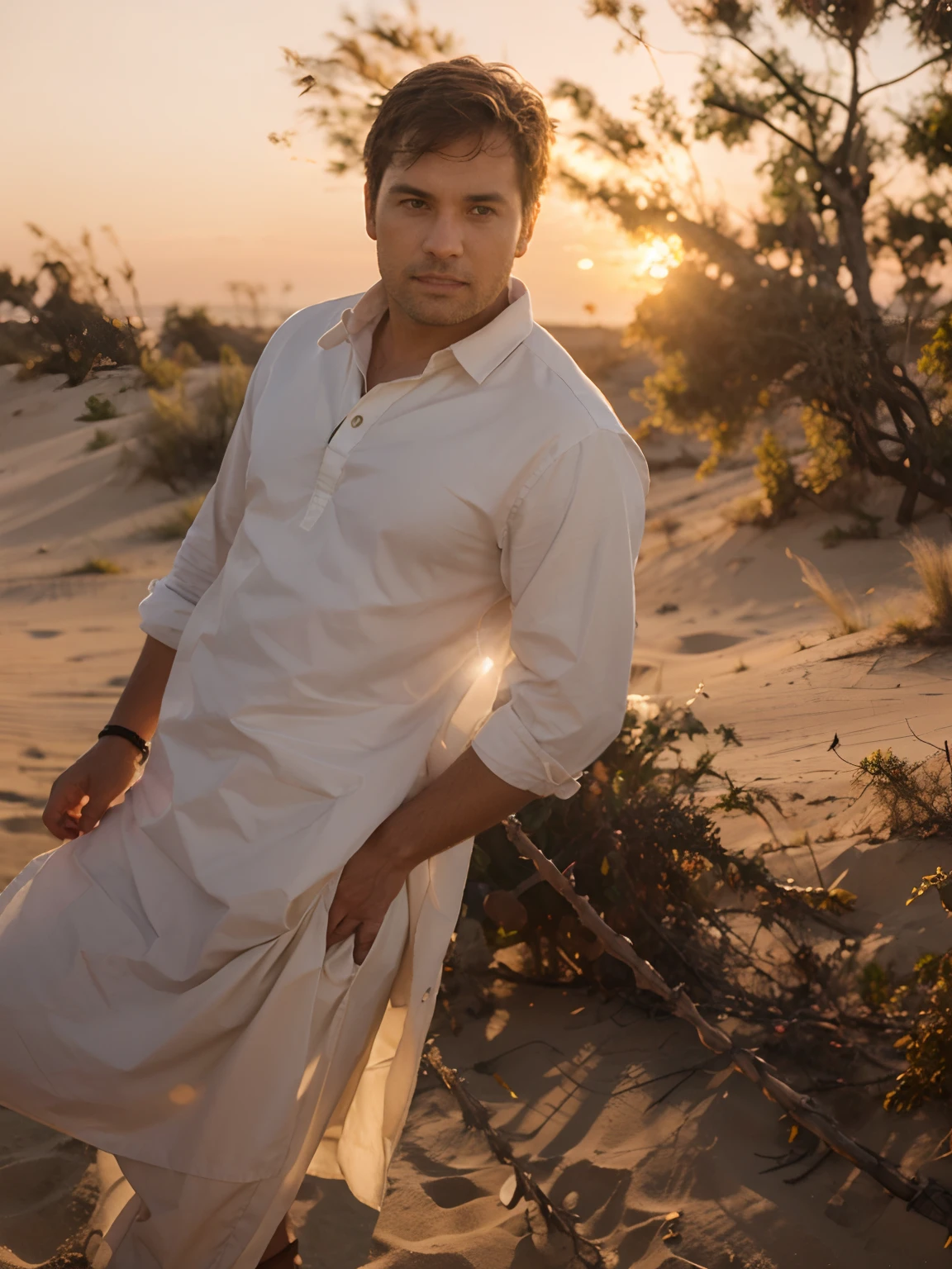 Change this photo background to a dune,sunset,professional product photography