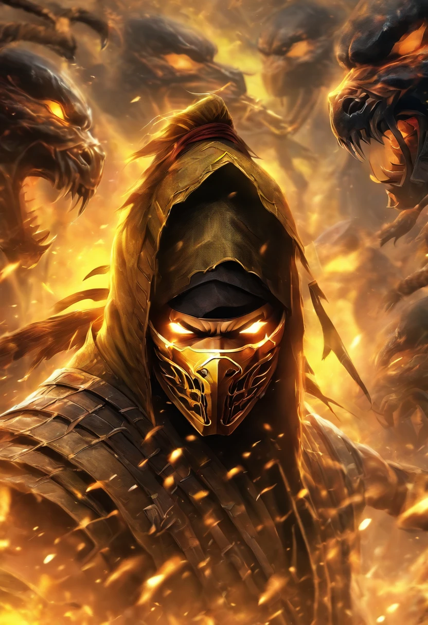 Mortal Kombat Scorpion, white eyes, classic mask, movie 1995, comes out of the forest in the fog, atmosphere of darkness and horror, in the style of illusory portraits, modular, uhd, --ar 71:118 --s 750 --niji 5