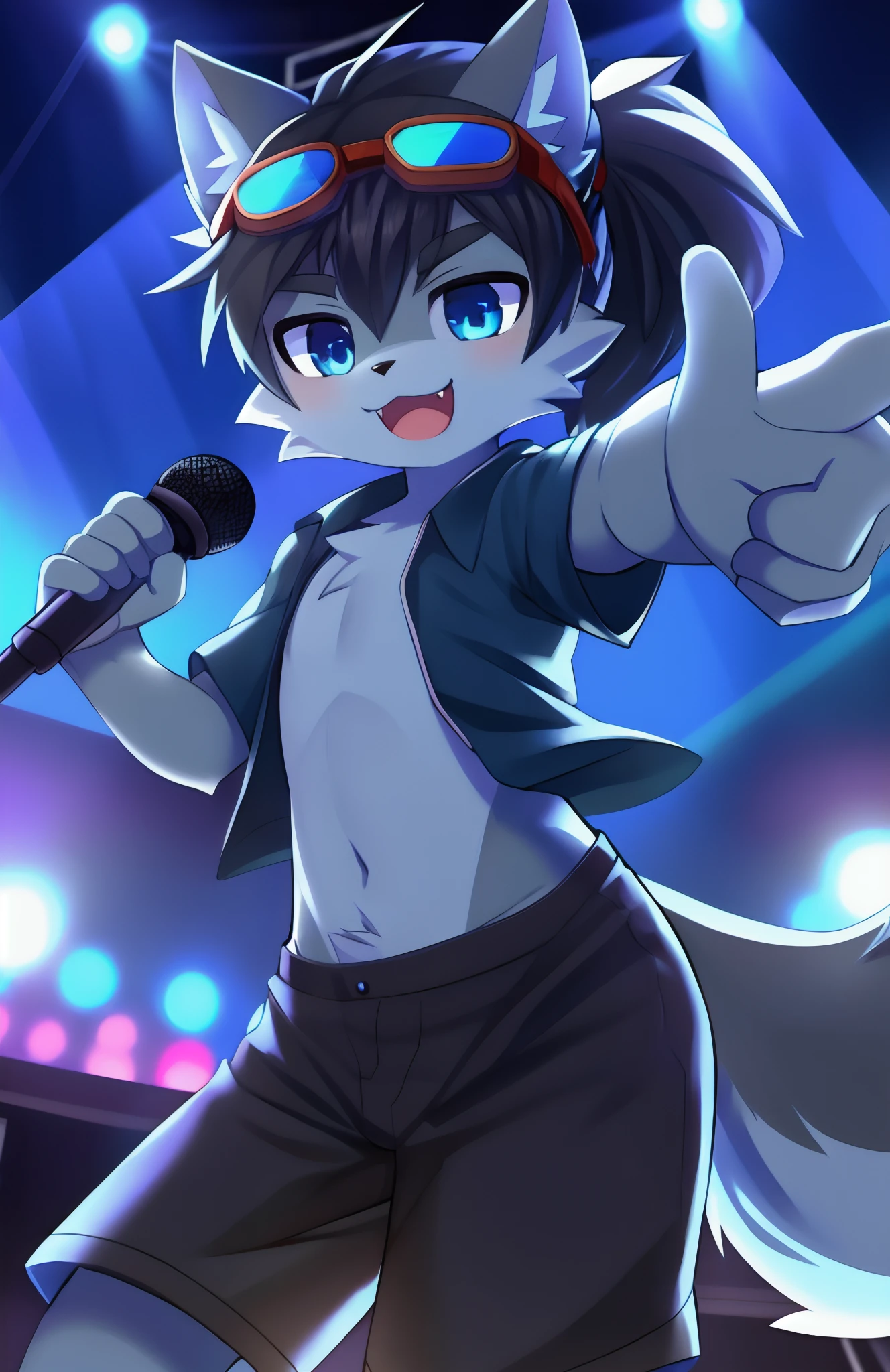 Furry shota, Young, wolf, black hair, long spiky ponytail, blue eyes, detailed body fur, blue hawaiian shirt, open clothes, black swim trunks, goggles, masterpiece, looking at you, fangs, clear grey body fur, detailed face, big eyebrows, detailed eyes, detailed body, detailed body fur, detailed hands, flat body, glistering body, shiny body, skinny, stage, sassy face, :3, open mouth, holding a microphone, pointing at you, detailed hands,
