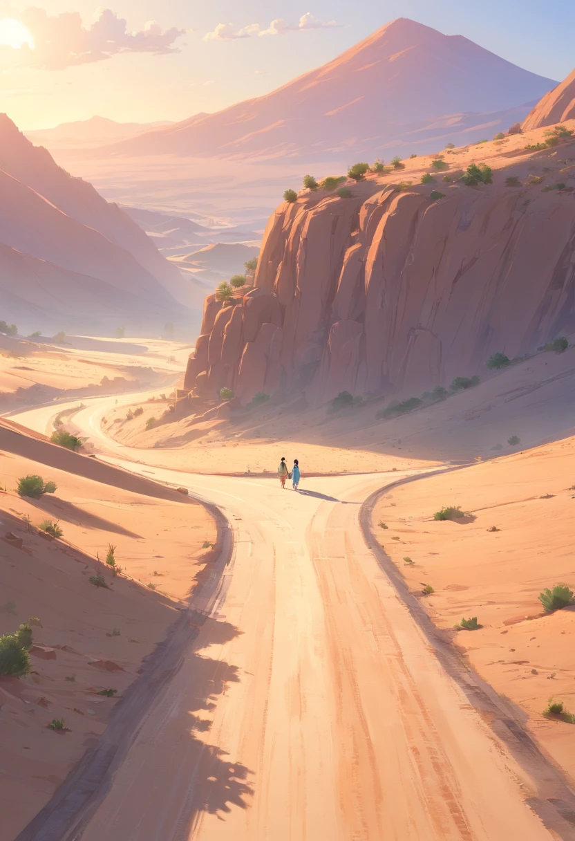 Create a Disney-style 3D illustration of a dusty road in the Judean desert where the incident occurred. Emphasize realism and attention to detail in the environment, incluindo a textura da estrada empoeirada, a paisagem do deserto, and the soft illumination of the sun. Make the scene look immersive and inviting on a mountain