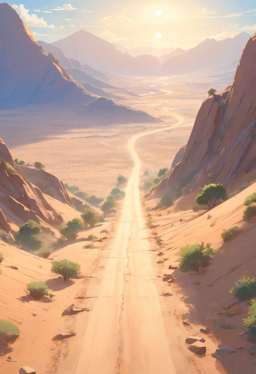 Create a Disney-style 3D illustration of a dusty road in the Judean desert where the incident occurred. Emphasize realism and attention to detail in the environment, incluindo a textura da estrada empoeirada, a paisagem do deserto, and the soft illumination of the sun. Make the scene look immersive and inviting on a mountain
