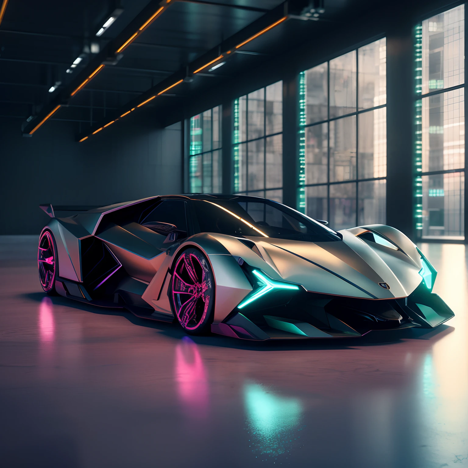 **Car Lamborghini Sian iridescent color specular sitting in urban hall photorealistic cinematic look tech sci-fi cki vang 4k