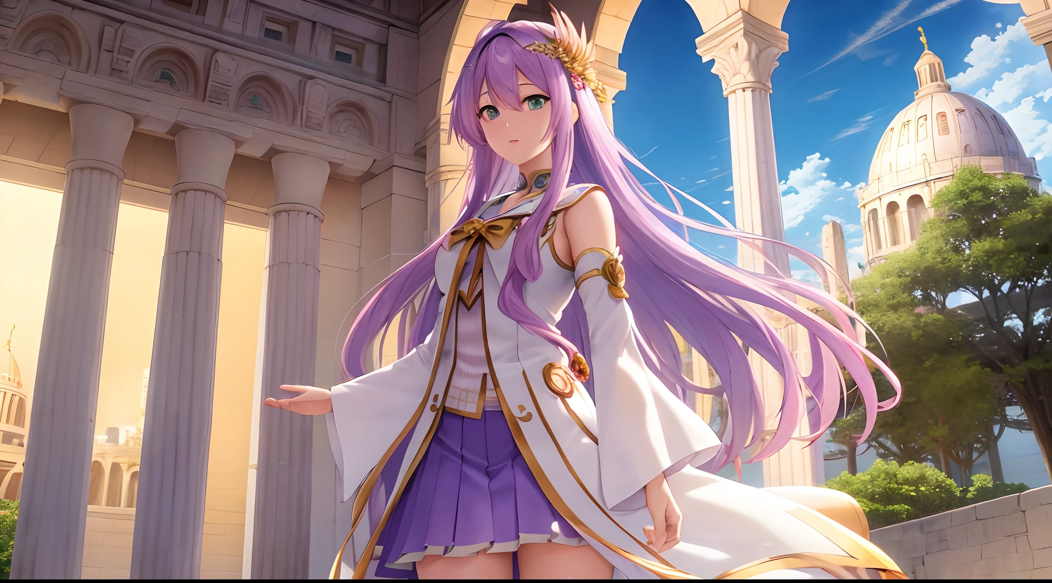 Athena with plain long light purple hair,hair between eyes,green eyes,rosy cheeks,full lips,thin eyebrows,slender body,wearing magical girl uniform and full long skirt,praying beads on neck,cute anime girl,full body,Colloseum in background,anime style,Lumen Reflections,Screen Space Reflections,Diffraction Grading,Chromatic Aberration,GB Displacement,Scan Lines,Ray Traced,Anti-Aliasing,FXAA,TXAA,RTX,SSAO,Shaders,OpenGL-Shaders, GLSL-Shaders,Post Processing,Post-Production,cell Shading,Tone Mapping,CGI,VFX,SFX,insanely detailed and intricate, 4K,standing, solo, masterpiece, best quality, detailed face, detailed eyes, highres, standing, solo,masterpiece, best quality
