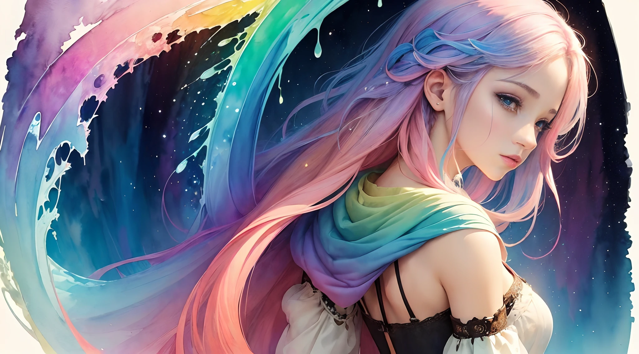 (masterpiece, top quality, best quality,watercolor (medium),official art, beautiful and aesthetic:1.2),(1girl:1.3), (fractal art:1.3),upper body, from side, looking at viewer,patterns,(rainbow color Hair,colorful hair,half blue and half pink hair:1.2),water,liquid, cloud,colorful, starry,stars,