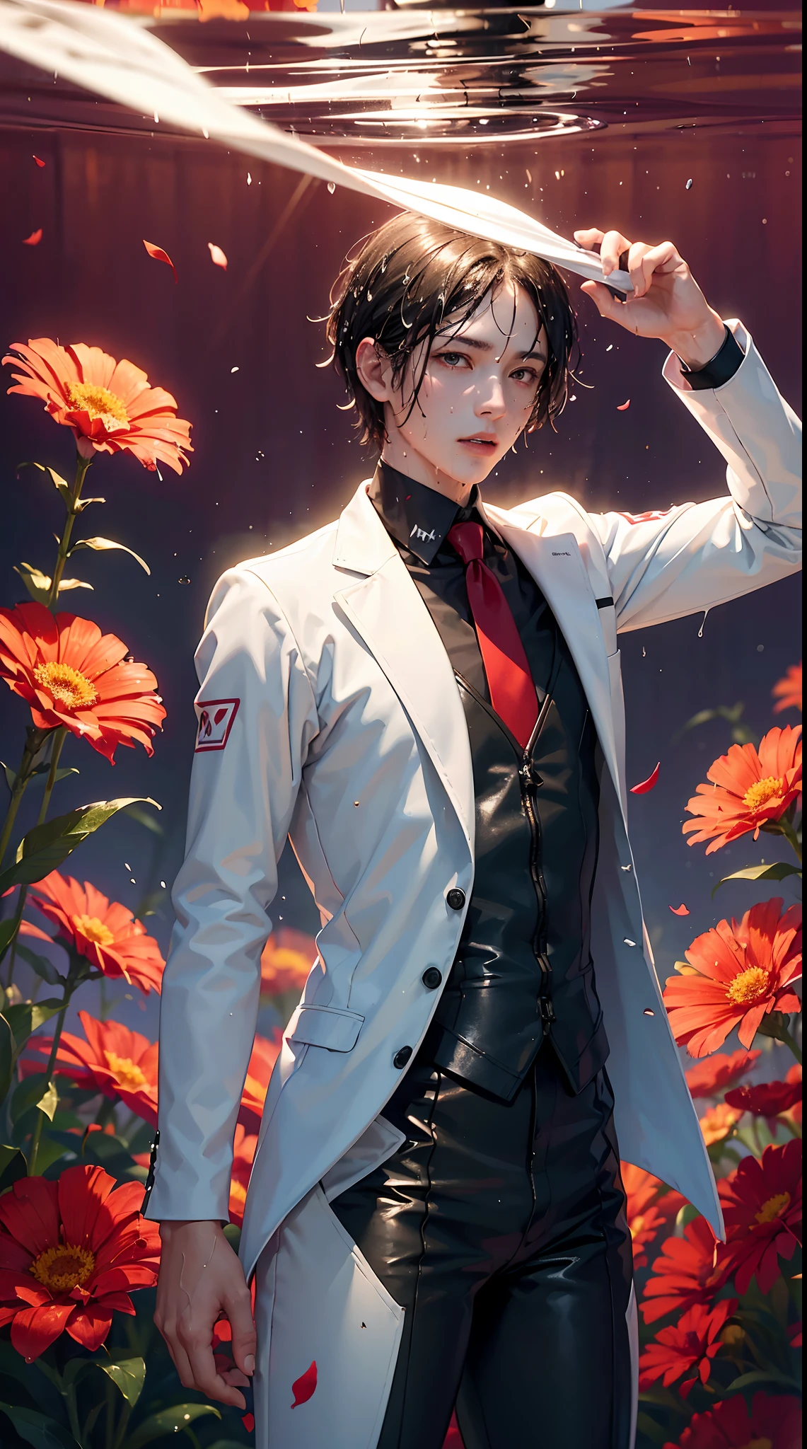 The man is wearing a white suit and tie(((the wet suit is invisible))) . Biting red flowers, tie tie pose. floral savanna background. flower petals flying in the atmosphere.biting the flower stem pose. dark atmosphere, hd backround, light and dark balance, sunset aura. clothes wet from rain
