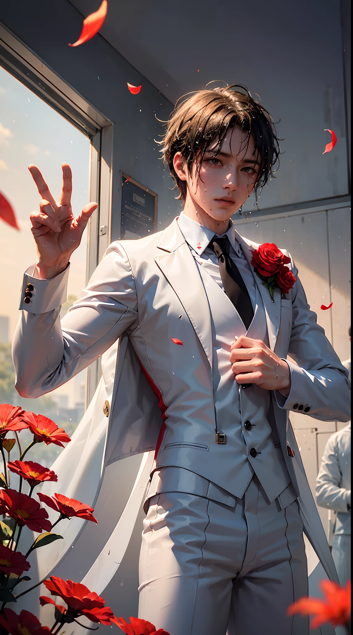 The man is wearing a white suit and tie(((the wet suit is invisible))) . Biting red flowers, tie tie pose. floral savanna background. flower petals flying in the atmosphere.biting the flower stem pose. dark atmosphere, hd backround, light and dark balance, sunset aura. clothes wet from rain