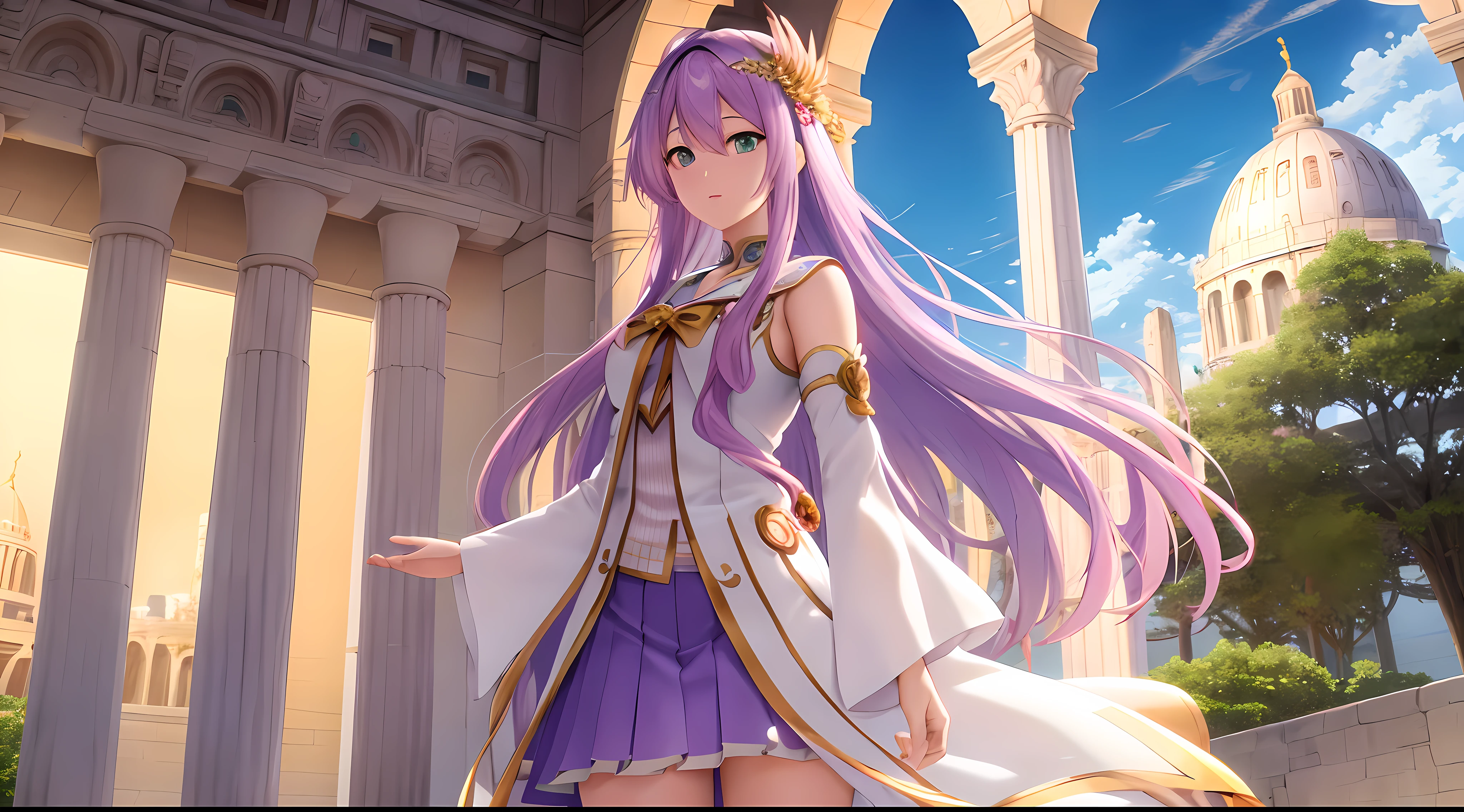 Athena with plain long light purple hair,hair between eyes,green eyes,rosy cheeks,full lips,thin eyebrows,slender body,wearing magical girl uniform and full long skirt,praying beads on neck,cute anime girl,full body,Colloseum in background,anime style,Lumen Reflections,Screen Space Reflections,Diffraction Grading,Chromatic Aberration,GB Displacement,Scan Lines,Ray Traced,Anti-Aliasing,FXAA,TXAA,RTX,SSAO,Shaders,OpenGL-Shaders, GLSL-Shaders,Post Processing,Post-Production,cell Shading,Tone Mapping,CGI,VFX,SFX,insanely detailed and intricate, 4K,standing, solo, masterpiece, best quality, detailed face, detailed eyes, highres, standing, solo,masterpiece, best quality